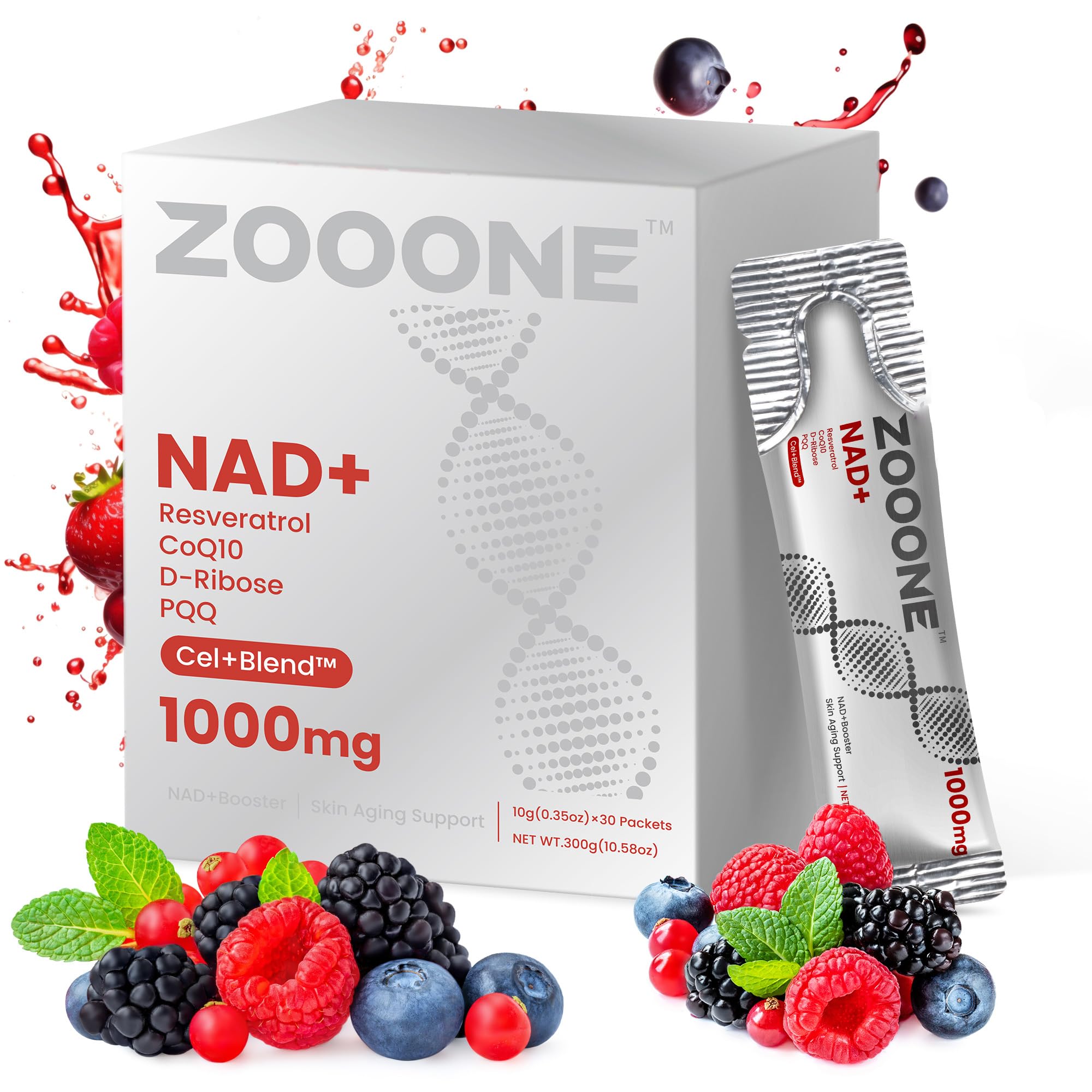 zooone NAD+ Liquid Packets 1000mg, NMN Supplement Alternative with Aging-Supportive Resveratrol, CoQ10, D-Ribose & PQQ for Cellular Energy, 30 On-The-Go Single Serve Packets