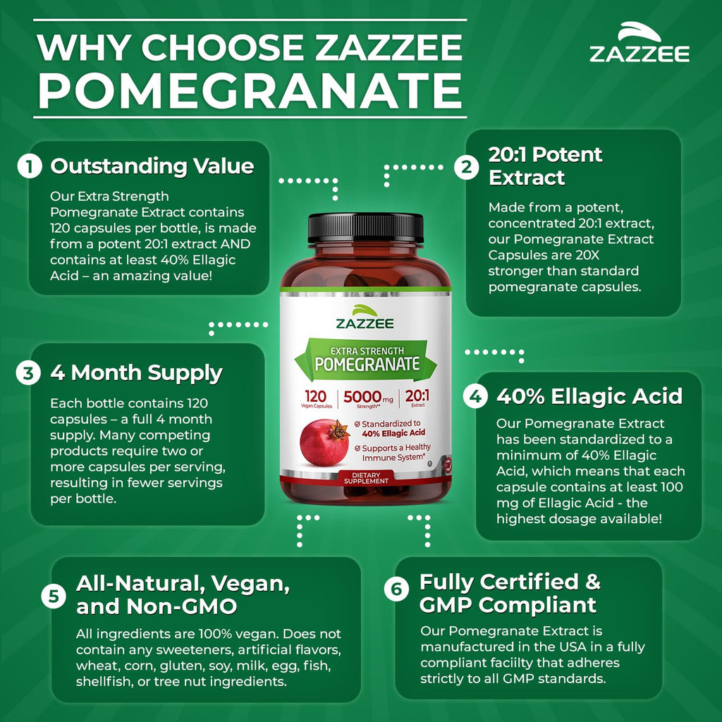 Zazzee Extra Strength Pomegranate 20:1 Extract, 120 Vegan Capsules | 40% Ellagic Acid, 4 Month Supply, Punica Granatum, Antioxidant & Cellular Health Support, Non-GMO, Made in the USA