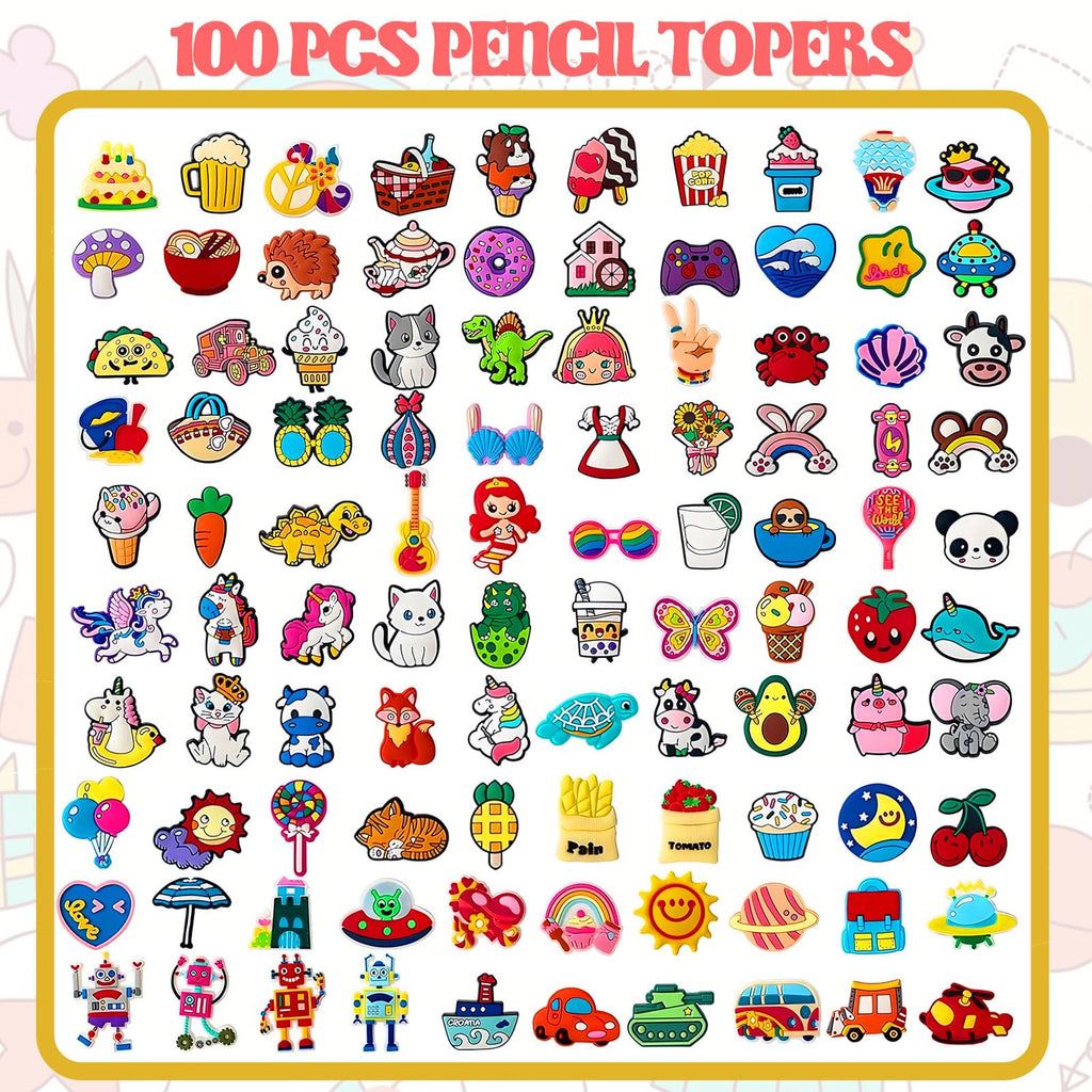 100 Pcs Cute Pencil Topper Decor,Mixed Different Style Lovely Pencil Clips