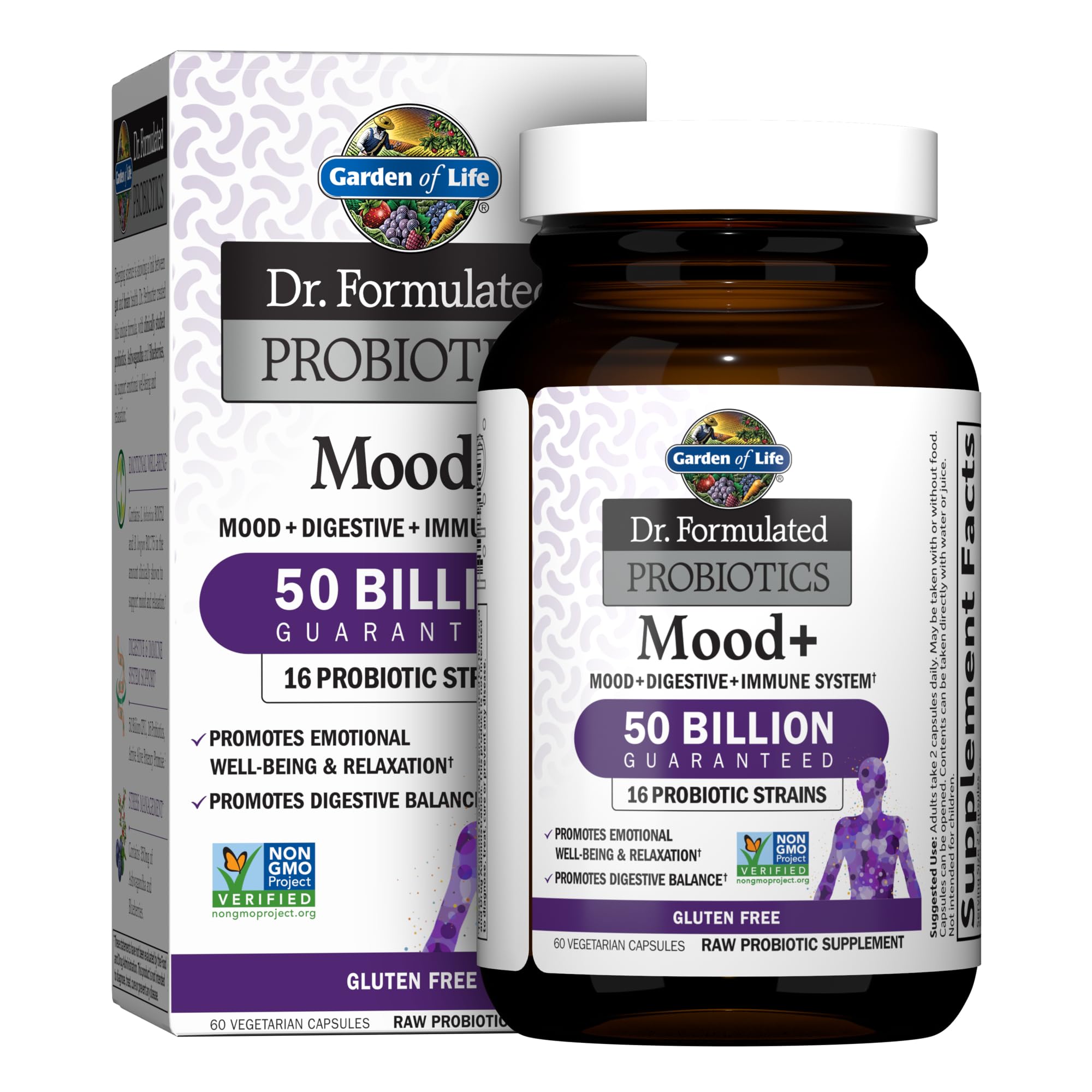 Garden of Life Dr. Formulated Probiotics Mood+, 50 Billion CFU, 60 Capsules | Supports Relaxation & Digestive Health, Vegetarian