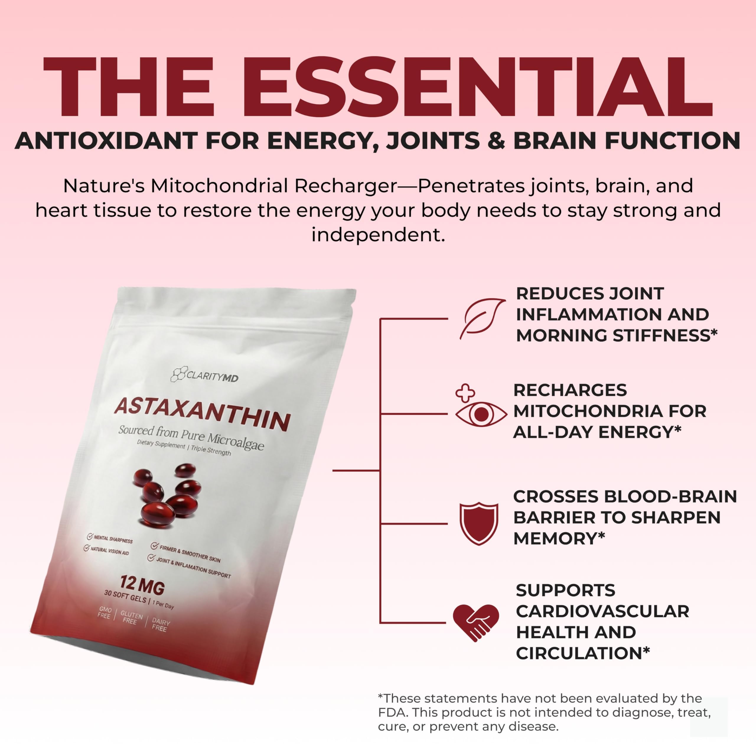 Astaxanthin 12mg Antioxidants Supplement – Natural Microalgae Source – Lipid-Based Softgel for Enhanced Absorption – Cognitive, Vision & Joint Support – 30 Softgels (Pack of 1)