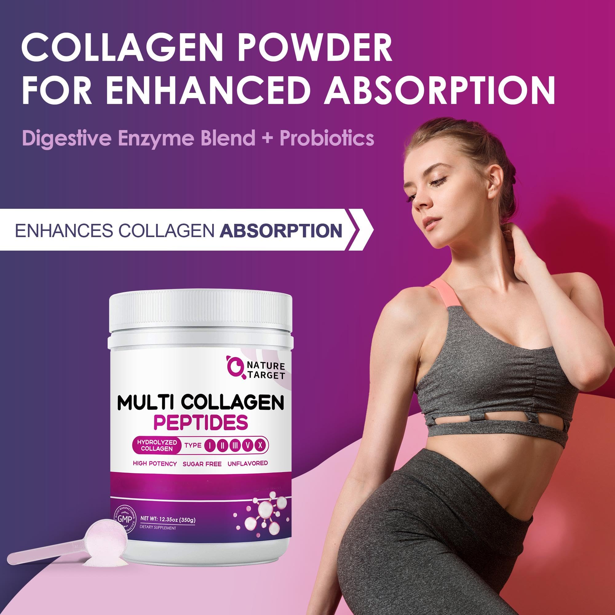 NATURE TARGET Multi Collagen Peptides Powder, 35 Servings | Type I, II, III, V, X, Hydrolyzed Collagen Peptides with Vitamin C Hyaluronic Acid, Supports Skin Hair Nail & Joint