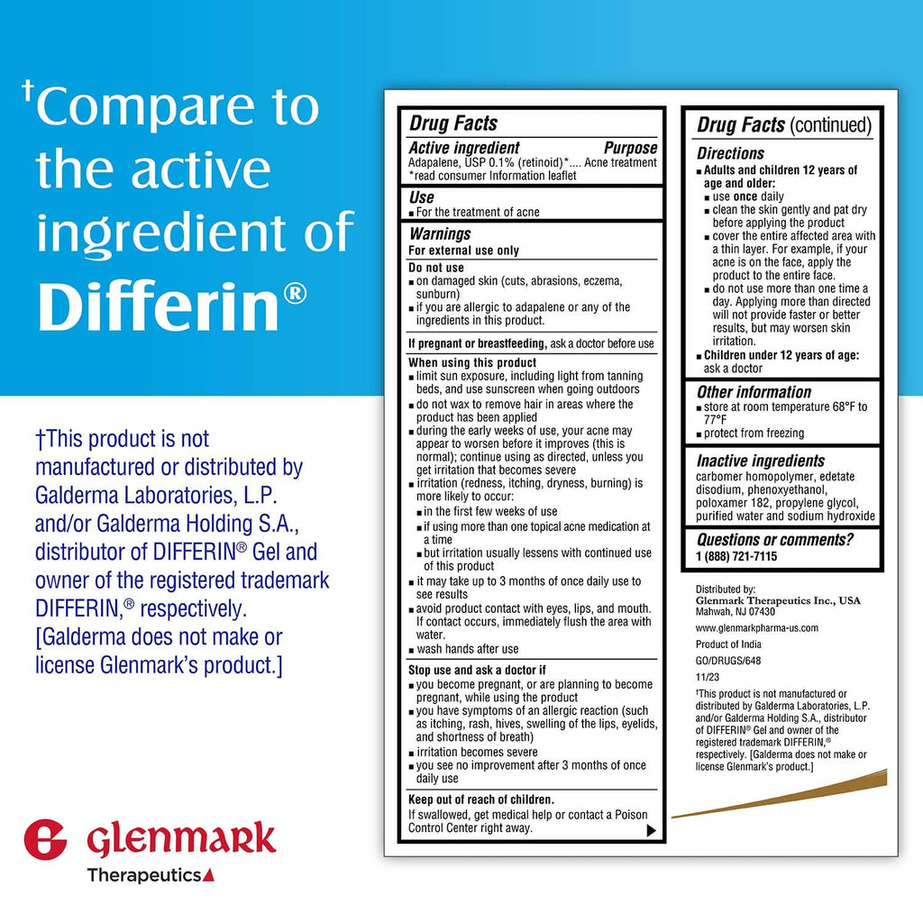 Glenmark Therapeutics Adapalene Gel 0.1% Acne Treatment, Paraben Free Topical Retinoid Cream for Face, Helps Clear and Prevent Acne and Clogged Pores, 15g Tube