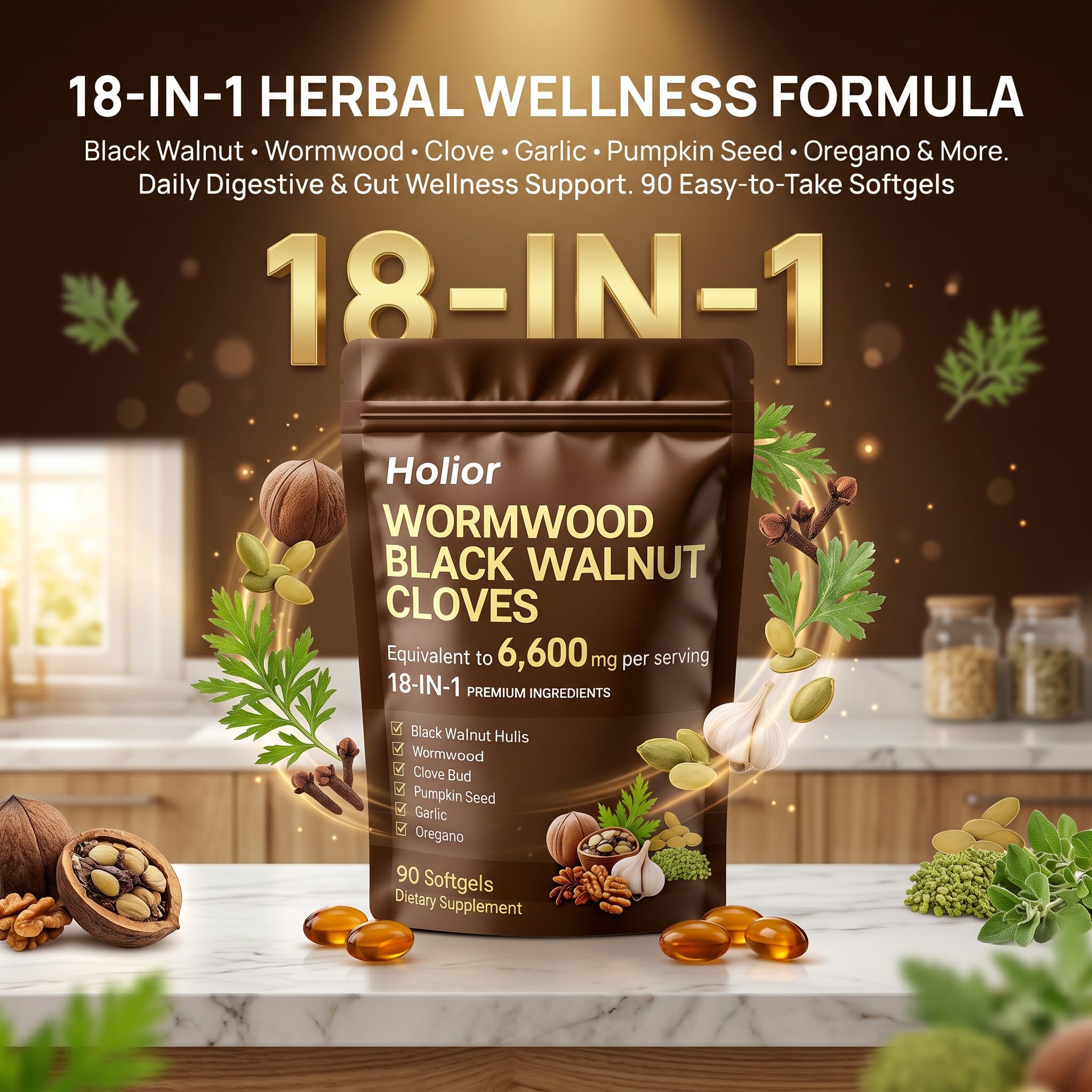 18-in-1 Black Walnut Wormwood - Herbal Wellness Blend with Clove, Garlic, Turmeric, Pumpkin Seed, Oregano, Berberine & More, Daily Digestive & Gut Balance Support Supplement - 90 Softgels
