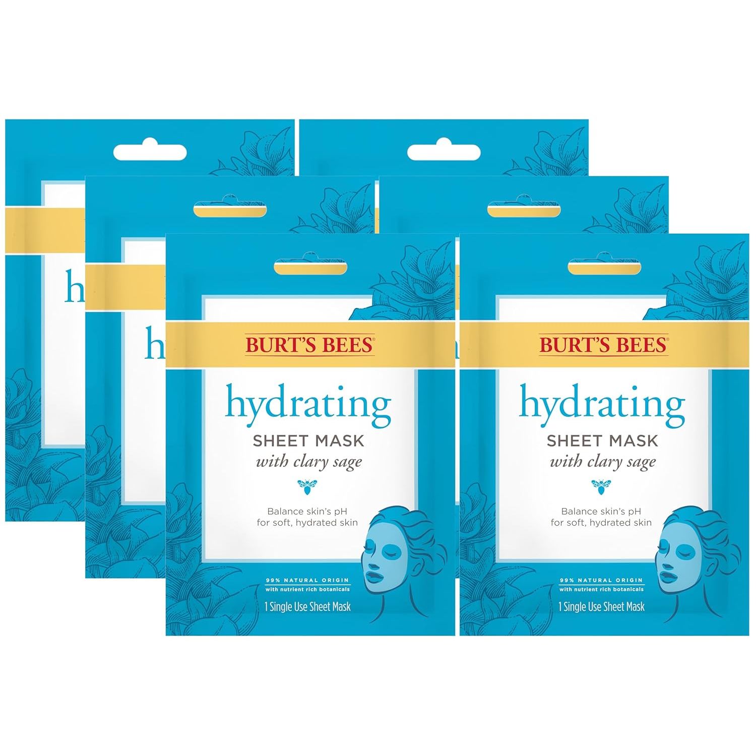 Buy now Burt's Bees Hydrating Face Mask with Clary Sage, Single Use Sheet Mask, 6 Count (Package May Vary) Default at indiglob india