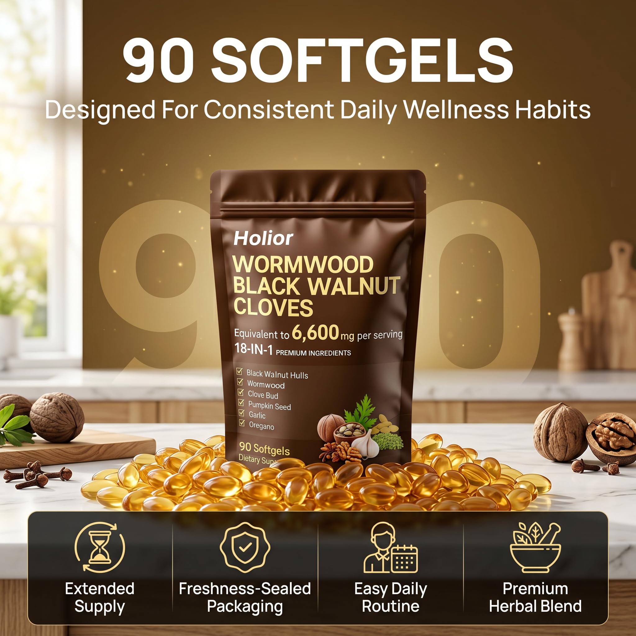 18-in-1 Black Walnut Wormwood - Herbal Wellness Blend with Clove, Garlic, Turmeric, Pumpkin Seed, Oregano, Berberine & More, Daily Digestive & Gut Balance Support Supplement - 90 Softgels