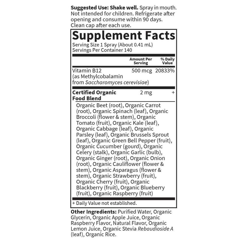 Garden of Life Organics B-12 Spray, Raspberry, 2 Fl Oz Bottle, 140 Servings | Methylcobalamin - Liquid Vitamin Spray for Energy, Metabolism & Heart Health Support