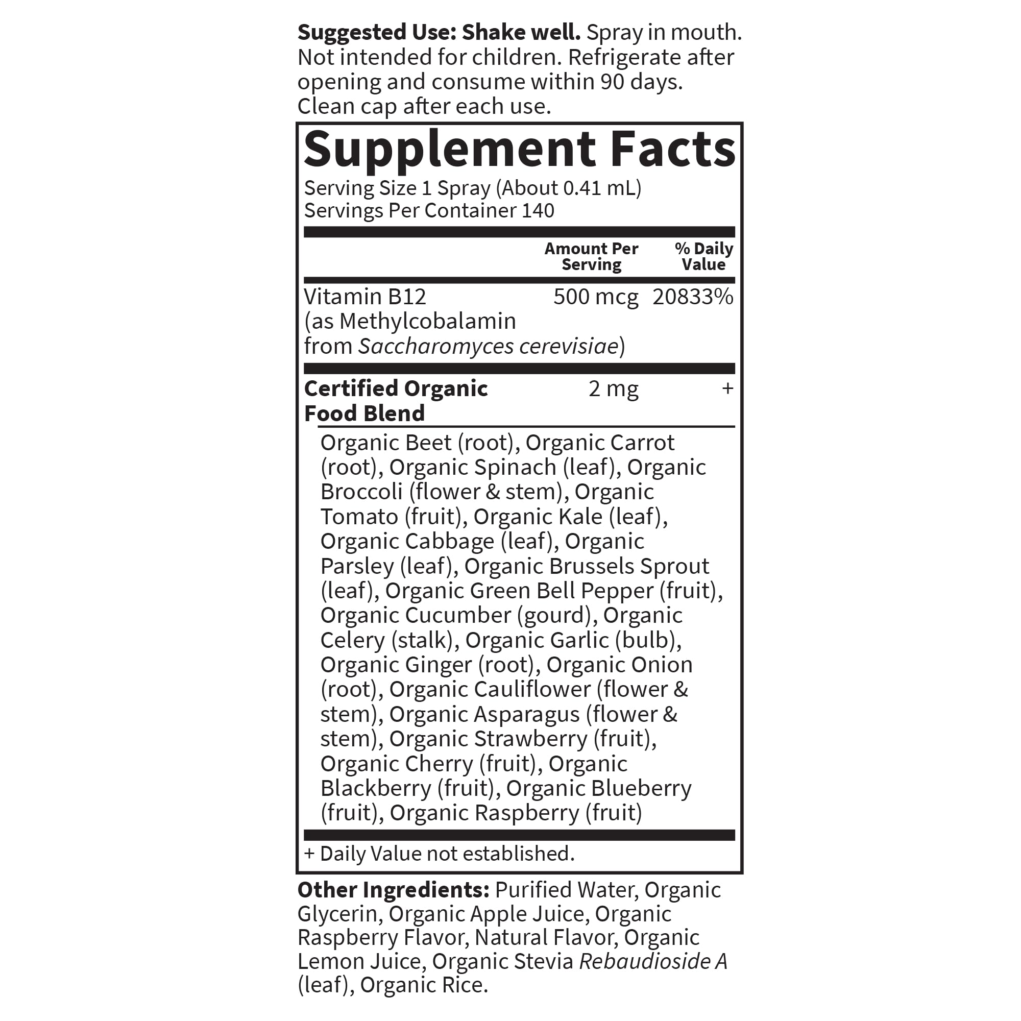 Garden of Life Organics B-12 Spray, Raspberry, 2 Fl Oz Bottle, 140 Servings | Methylcobalamin - Liquid Vitamin Spray for Energy, Metabolism & Heart Health Support