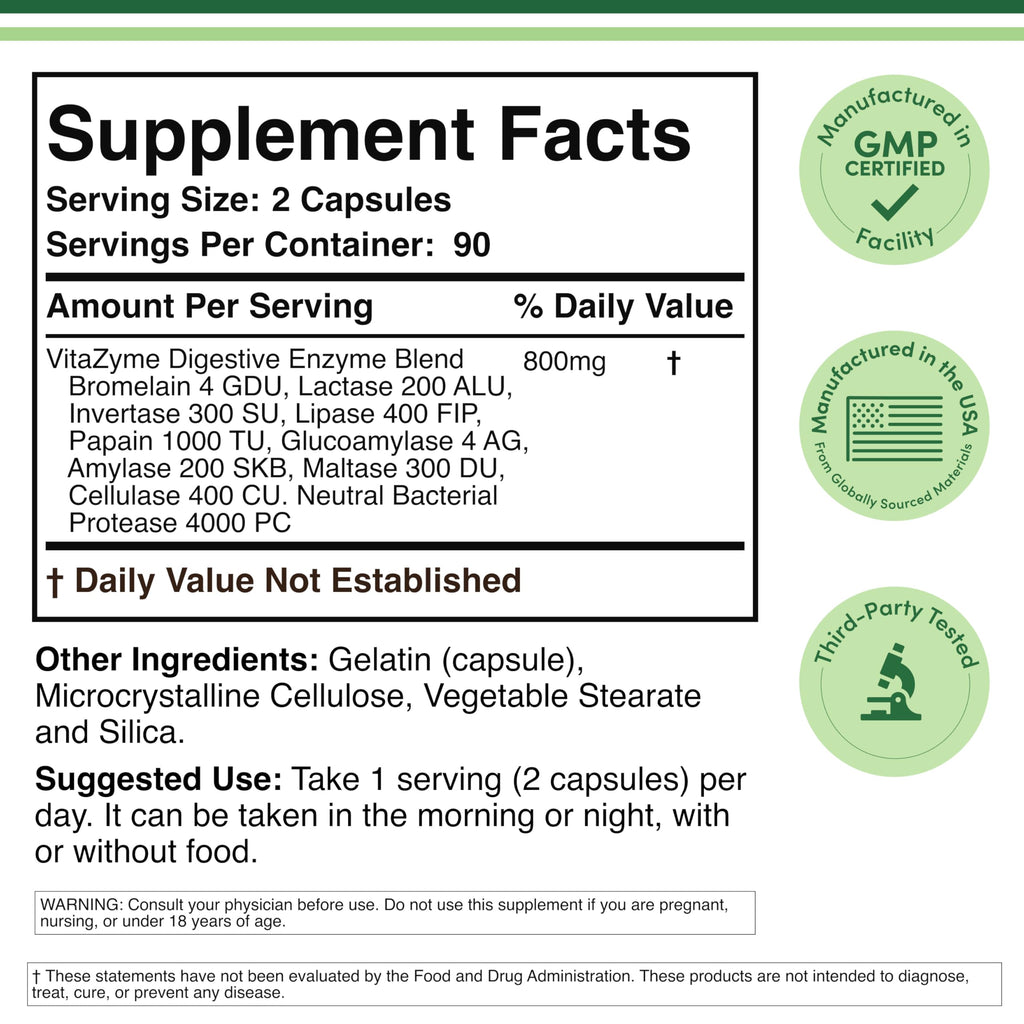 Digestive Enzymes 800mg, All 10 Essential Enzymes, Bloating + Meal Comfort | Digestive Enzyme Supplement for Bloating + Gas Relief, Amylase, Lipase, Lactase + Bromelain + 6 More, Take With Meals