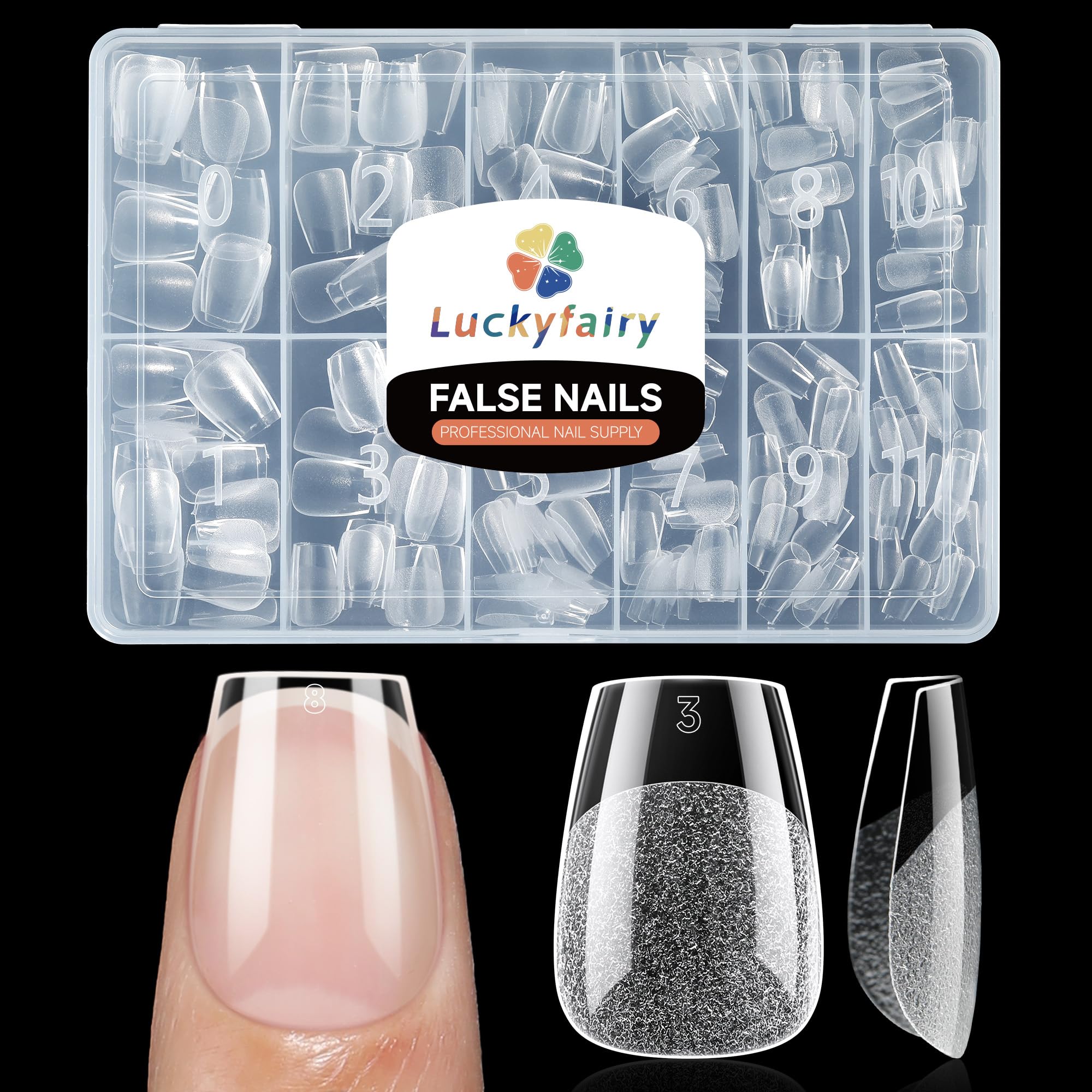 Luckyfairy Extra Short Square Fake Nails, Soft Gel Pre-Shaped Acrylic XS Short Square Nail Tips, Half Matte Full Cover Clear Press on Flase Nail Tips for Nail Extension Home DIY 240pcs/12 Sizes