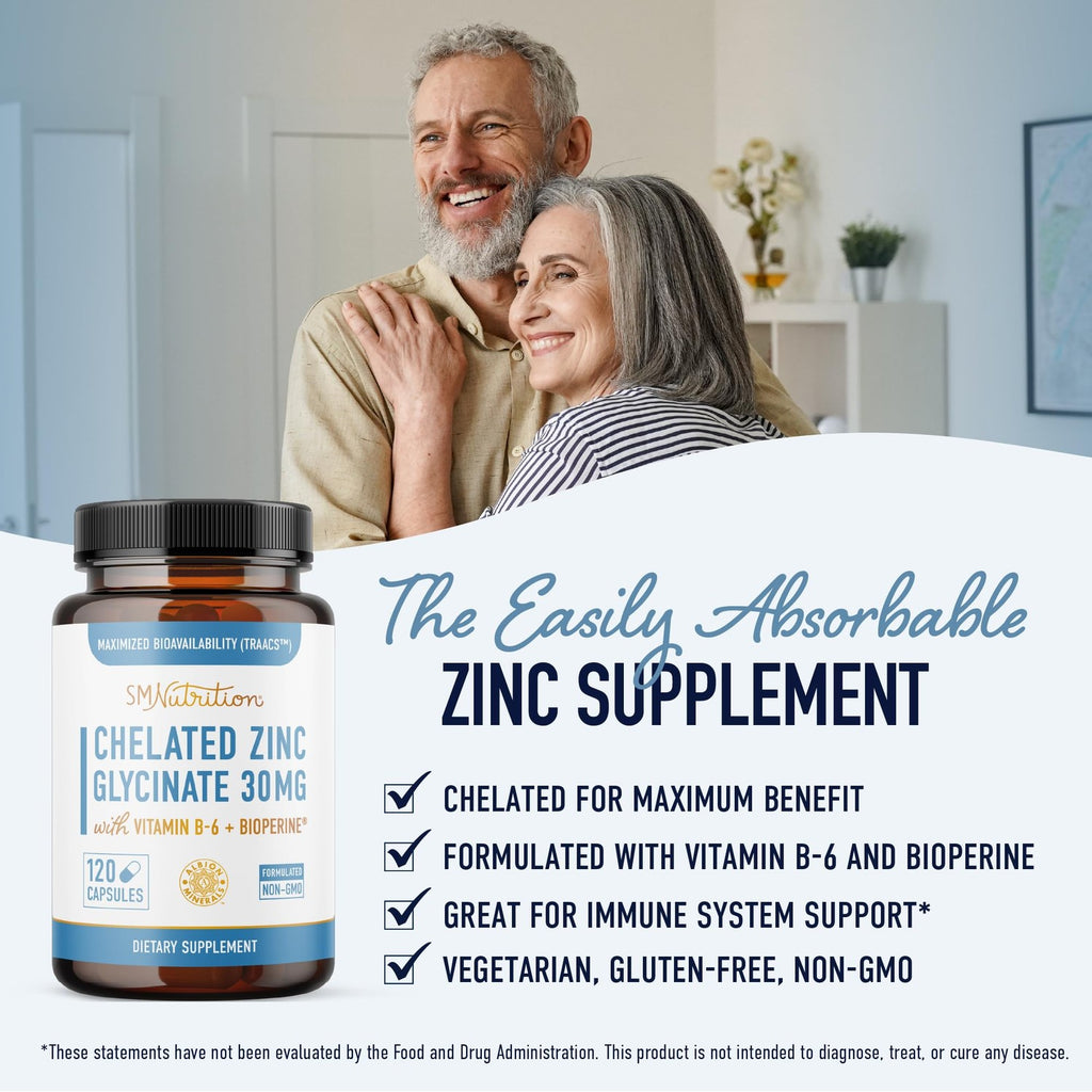 Chelated Zinc Supplements, Zinc Glycinate 30mg, Highly-Absorbable, Non-GMO | TRAACS Chelated Bisglycinate Vitamin B6 & BioPerine, Immune Acne & Energy Support, Gluten-Free, 120 Capsules (4 Month Supply)