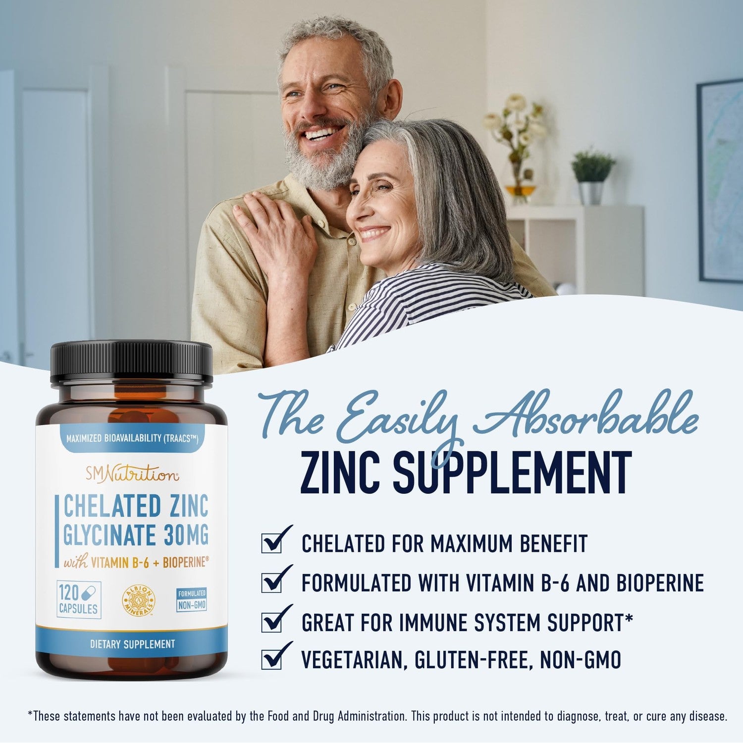 Chelated Zinc Supplements, Zinc Glycinate 30mg, Highly-Absorbable, Non-GMO | TRAACS Chelated Bisglycinate Vitamin B6 & BioPerine, Immune Acne & Energy Support, Gluten-Free, 120 Capsules (4 Month Supply)