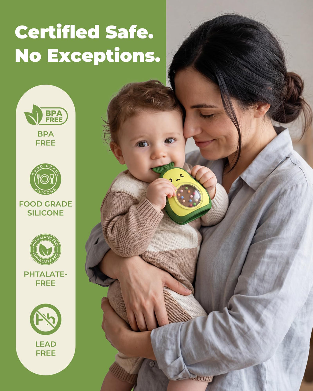 Infinno Avocado Silicone Teething Toy with Rattle for Infant 3-12 Months
