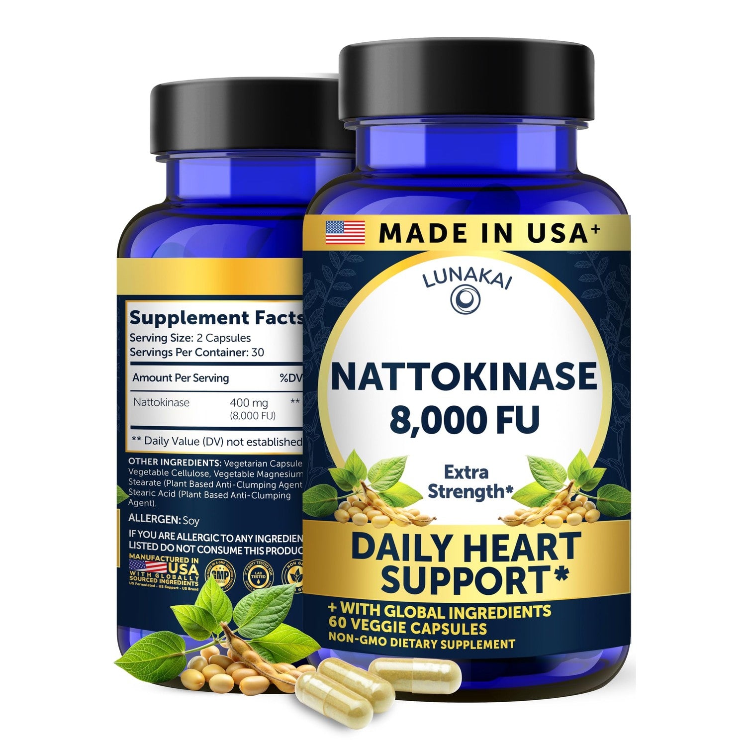 Lunakai USA Made Nattokinase Supplement – 400mg Natto Enzyme, 8000 FU per Serving – Heart & Circulation Support – Non-GMO, 60ct, 4000 FU Capsule
