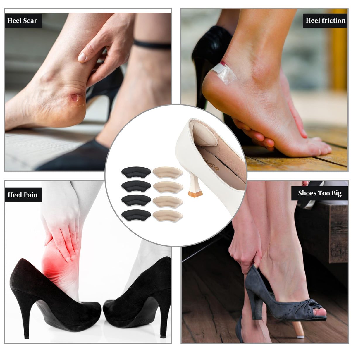 4 Pairs Heel Pads for Shoes, Soft and Flexible Heel Grips for Shoes Too Big