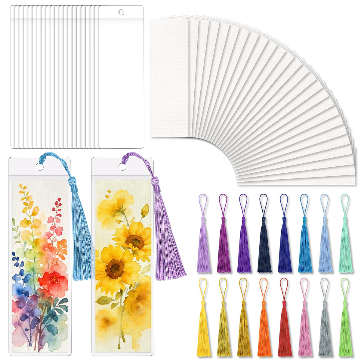 60 Pack Bookmarks with Sleeves & Tassels – Blank Watercolor Paper Bookmarks for DIY Painting, Reading, Classroom Crafts & Gift Tags