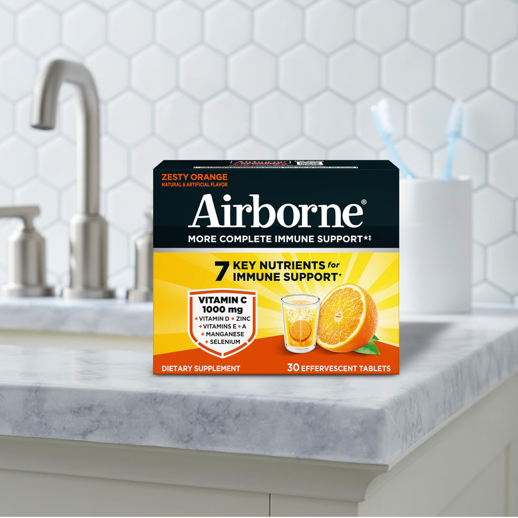 Airborne Immune Support Effervescent Tablets, Zesty Orange Flavor - 30ct with 1000mg Vitamin C + Vitamins A, D, E, Zinc, Selenium, Manganese & Herbal Blend - Sugar‑Free, Gluten‑Free