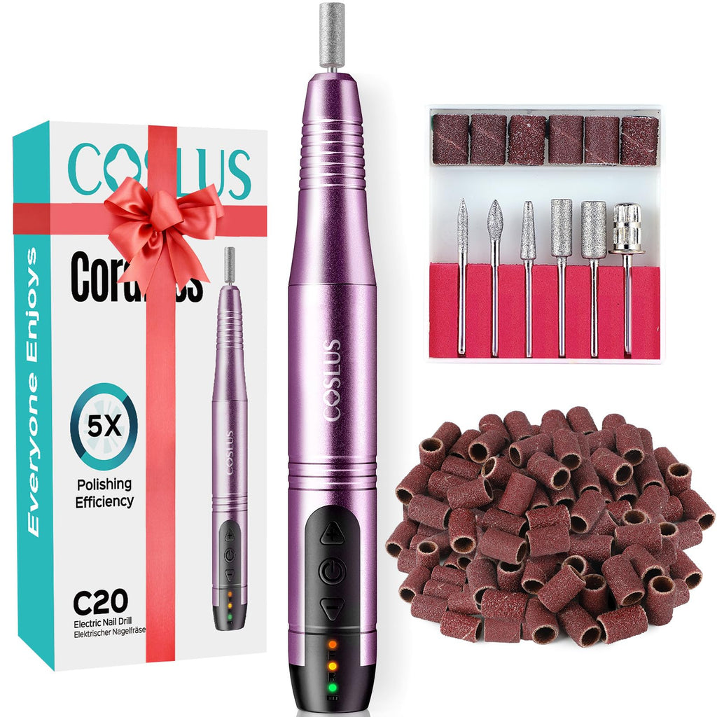 COSLUS C20 Cordless Nail Drill Electric File: Portable All-in-One Kit | Professional for Acrylic Gel Dip Powder Nails, Rechargeable Manicure & Pedicure Machine, Salon Home, Lightweight, Purple