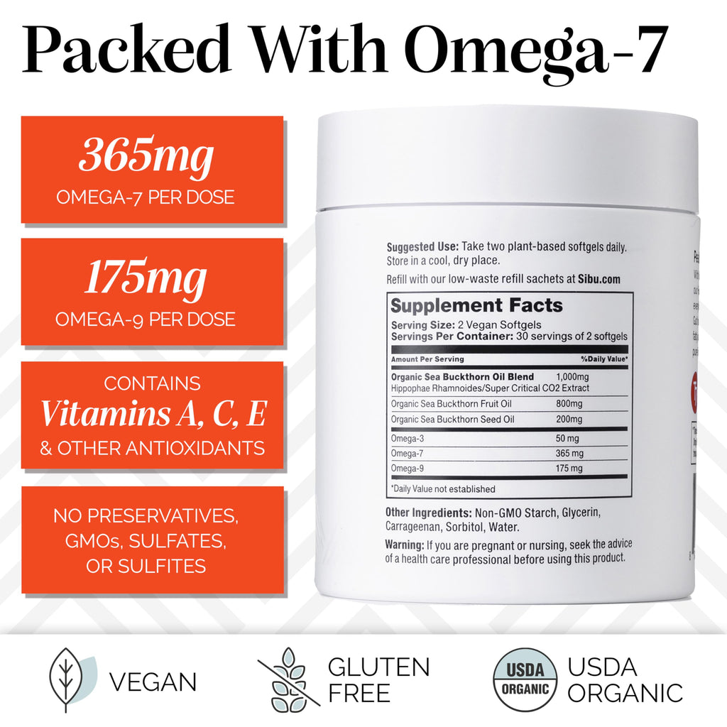 sibu Sea Buckthorn Omega-7 Softgels Starter Kit, 60ct 30-Day Supply | Supports healthy skin, hair & nails. Helps relieve dryness from within.