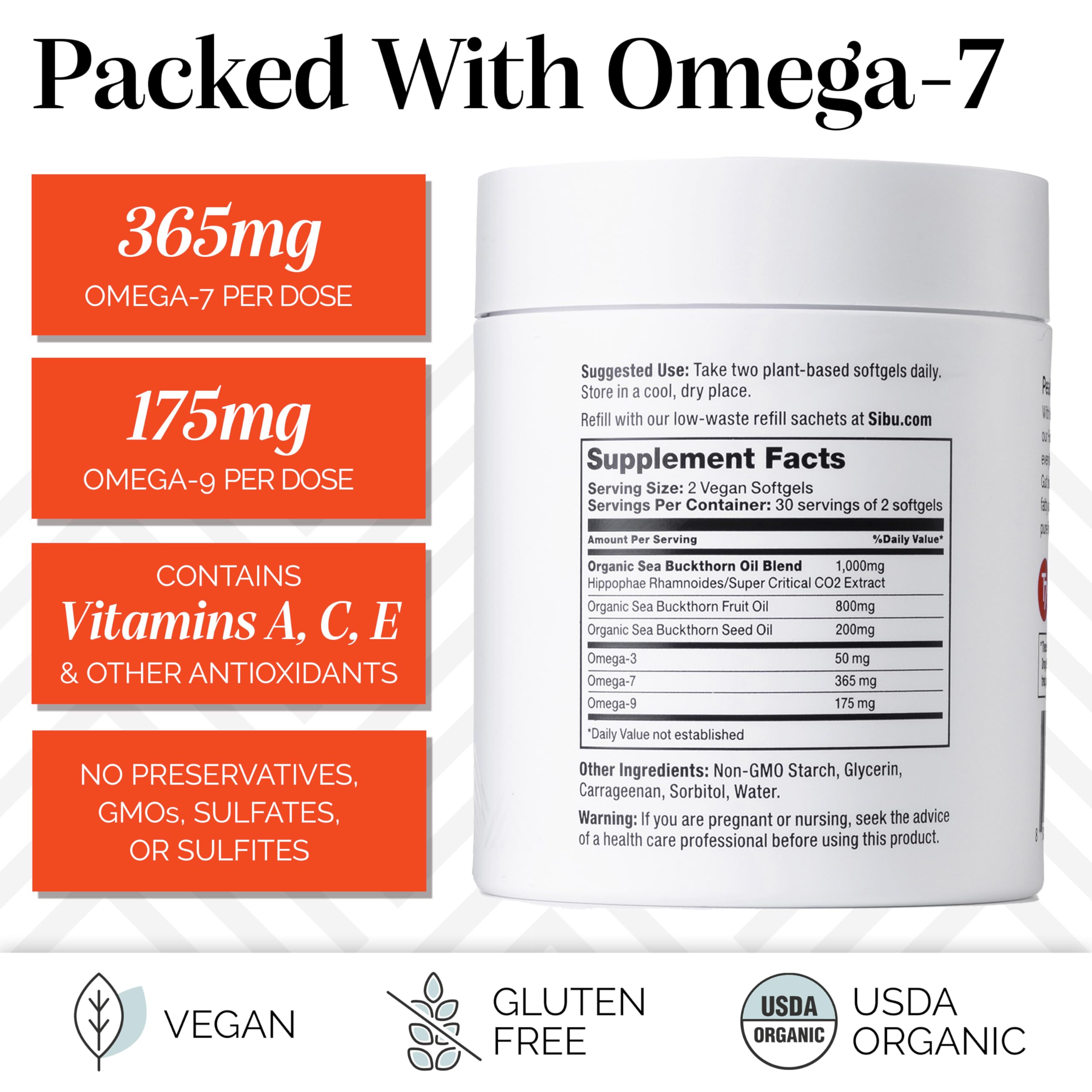 sibu Sea Buckthorn Omega-7 Softgels Starter Kit, 60ct 30-Day Supply | Supports healthy skin, hair & nails. Helps relieve dryness from within.