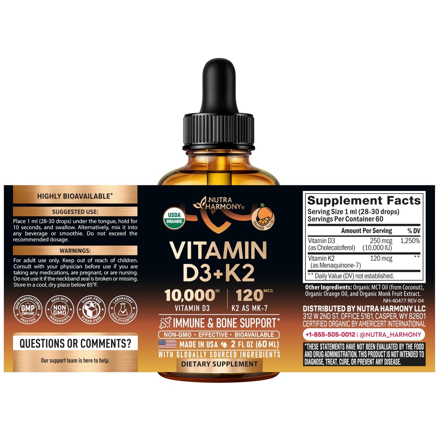 Vitamin D3 K2 USDA Organic Drops - Vitamin D3 10000 IU & K2 120mcg - 2 OZ | Immune & Mood Support, Bone & Teeth Health - Sugar-Free, Orange Flavor - Liquid Supplement for Men & Women - 60-Day Supply