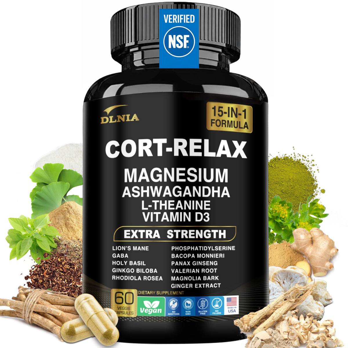 DLNIA Super Calm Cortisol Supplement with Magnesium Glycinate, Ashwagandha KSM-66, L-Theanine, Phosphatidylserine, Ginkgo Biloba & Lions Mane for Calm, Focus, Mental Clarity, Relaxation, Sleep, Energy