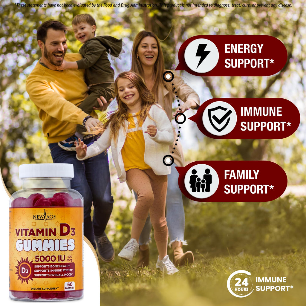 NEW AGE Vitamin D3 5000 IU 125mcg Gummies - Immune Supplement - Non-GMO, Gluten-Free, Dairy-Free, No Gelatin (120 Gummies (Pack of 2))