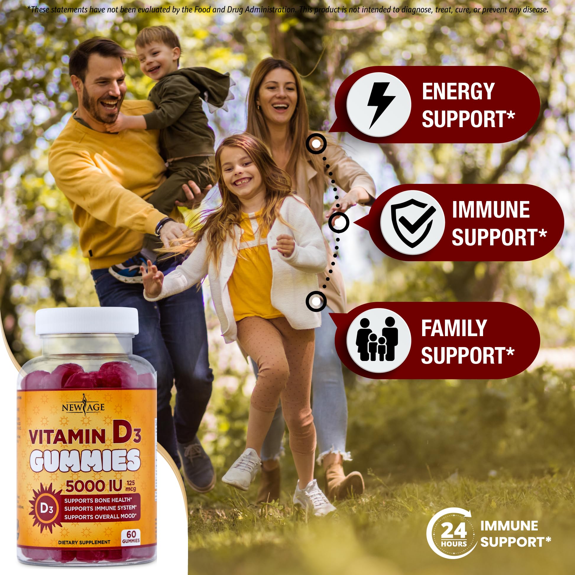 NEW AGE Vitamin D3 5000 IU 125mcg Gummies - Immune Supplement - Non-GMO, Gluten-Free, Dairy-Free, No Gelatin (120 Gummies (Pack of 2))