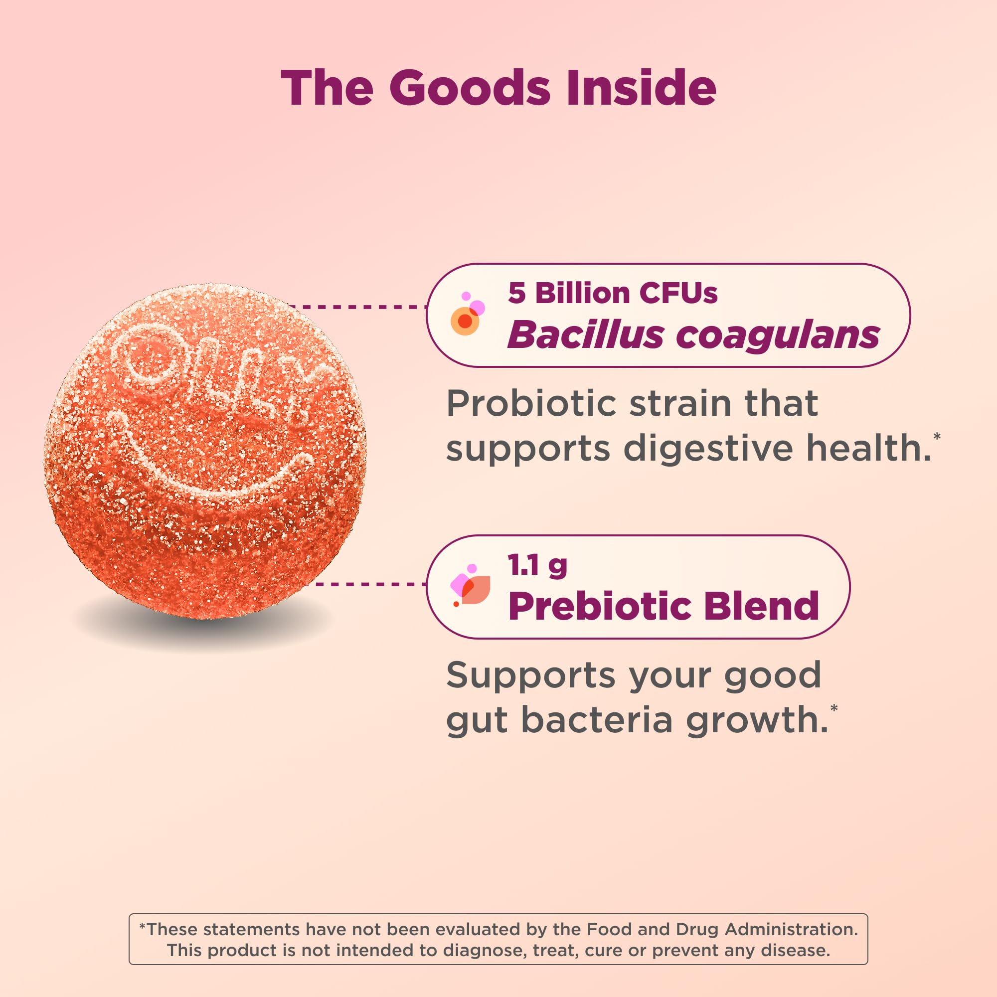 OLLY Probiotic + Prebiotic Gummy, 500 million CFUs, Peachy Peach - 30 Count
