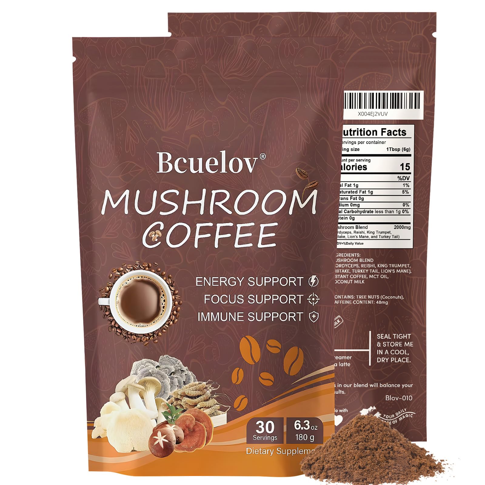 Mushroom Coffee, Instant Mushroom Coffee Powder with 6 Adaptogenic Mushrooms (Cordyceps, Lion’s Mane, Shiitake, Turkey Tail) and MCT Oil for Better Energy, Focus, Immune Support - 30 Servings
