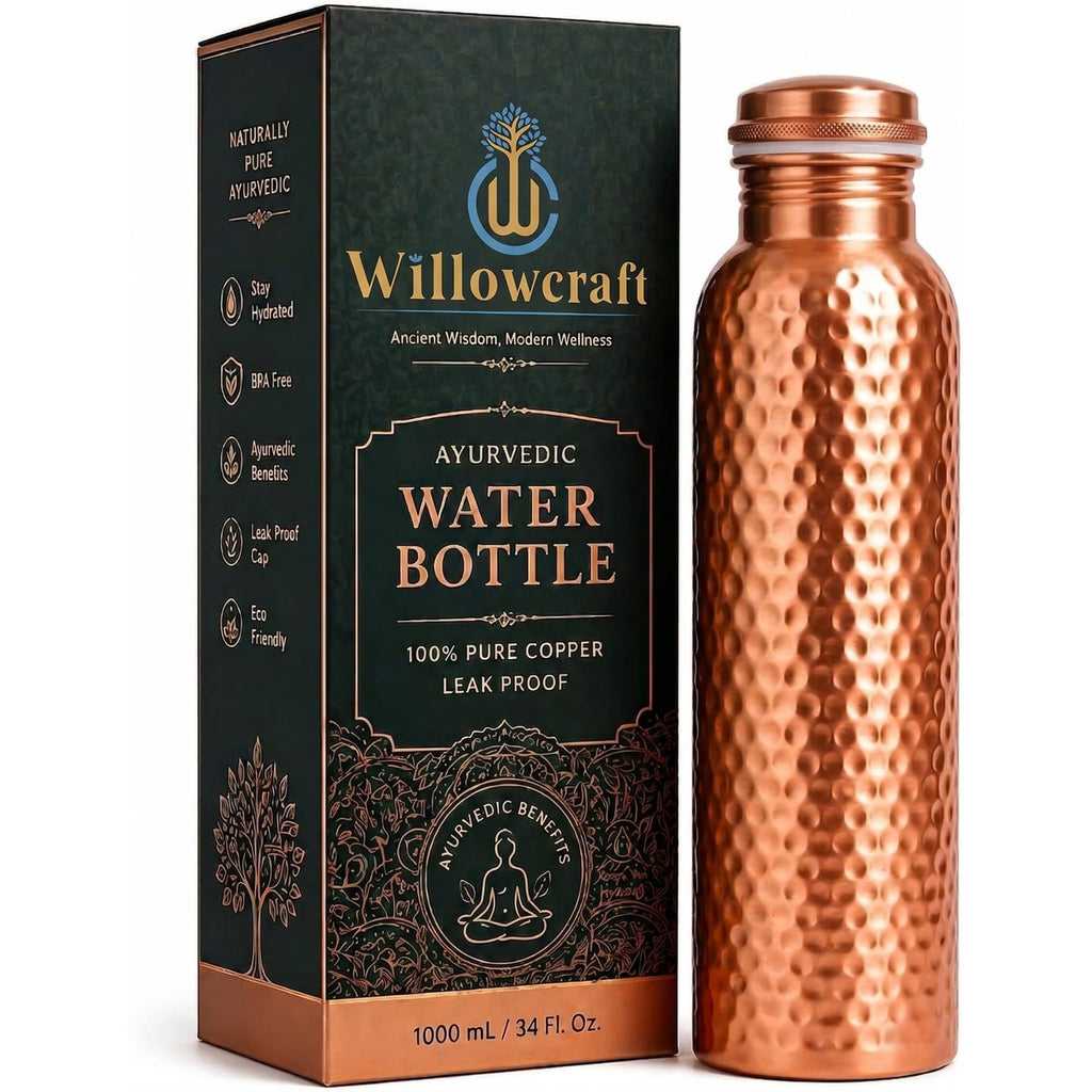 99.97% Pure Copper Water Bottle 34oz/1000ml, Handmade Hammered Copper Bottle, Ayurvedic Drinking Water Vessel, Heavy Duty & Leak-Proof