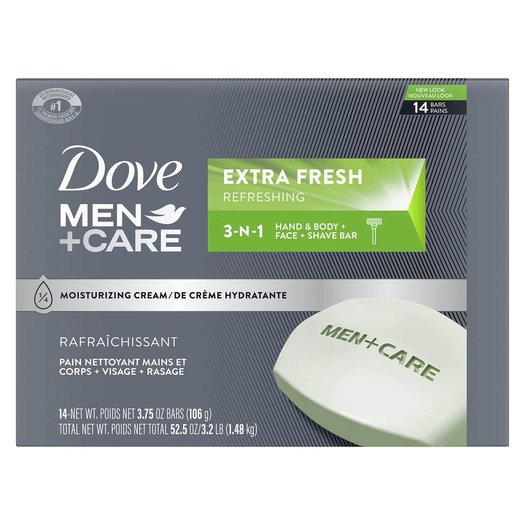 Buy now Dove Men+Care Bar 3 in 1 Cleanser for Body, Face, and Shaving Extra Fresh 14 Bars to Clean and Hydrate Skin Body and Facial Cleanser Mandarin Citrus, Patchouli, and Rosemary scent 3.75 oz at indiglob india