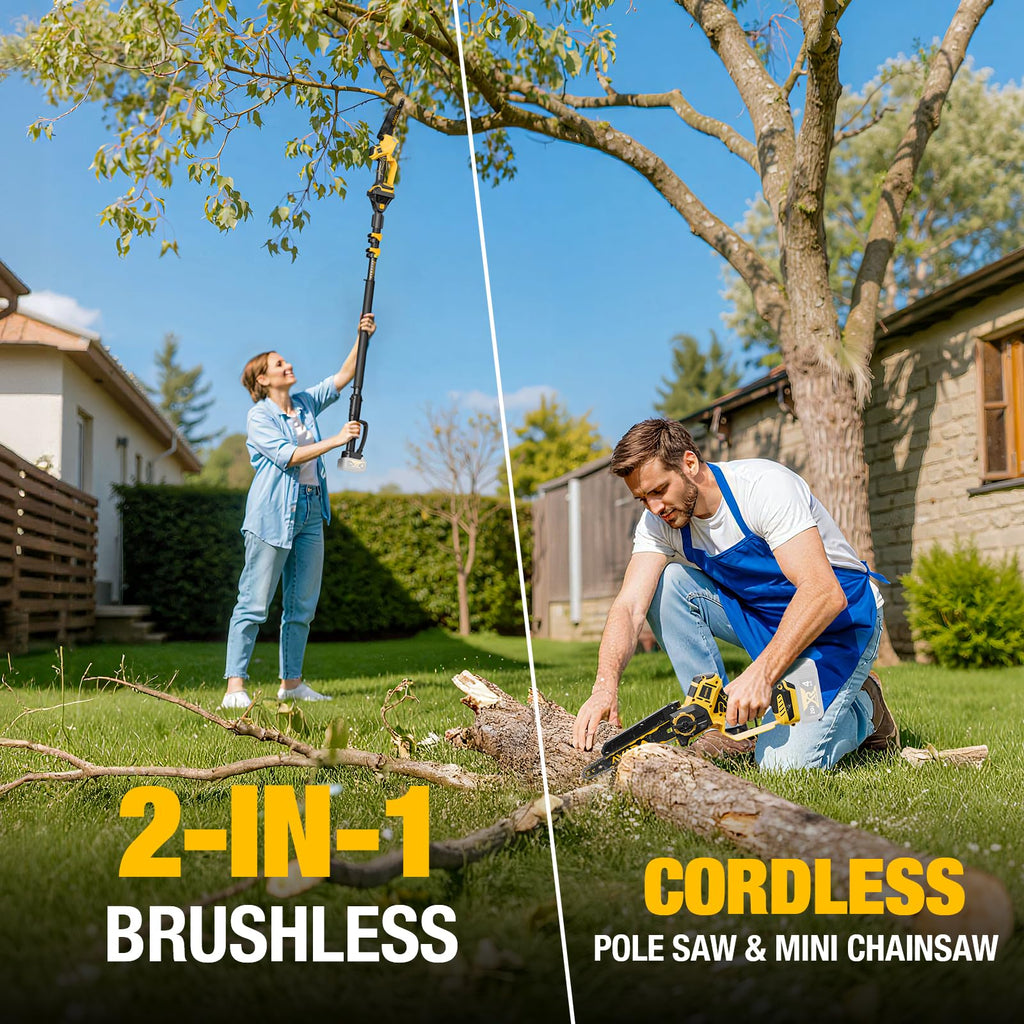 2-IN-1 Cordless 8-Inch Pole Saw & Chainsaw for DeWALT 20V MAX Battery - 1200W Brushless Motor, Total Reach of Max 15.9 FT, Lightweight, 8"&6"Electric Pole Saws for Tree Trimming Pruning (Tool Only)