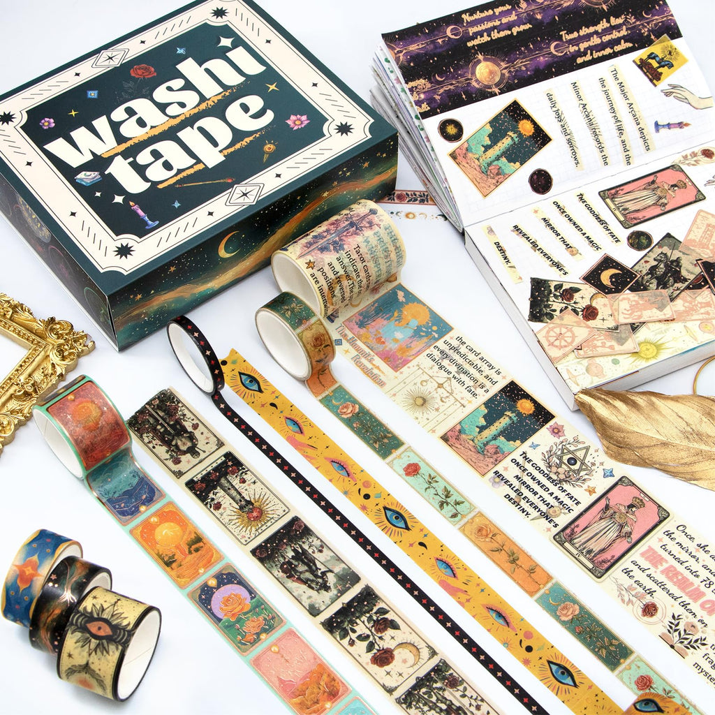 Gold Foil Tarot Washi Tape Set, 23 Rolls Vintage Decorative Washi Tape with 14 Gold Foil Designs, Assorted Widths for Journaling, Scrapbooking, Bullet Journal, Planner, Card Making & DIY Crafts
