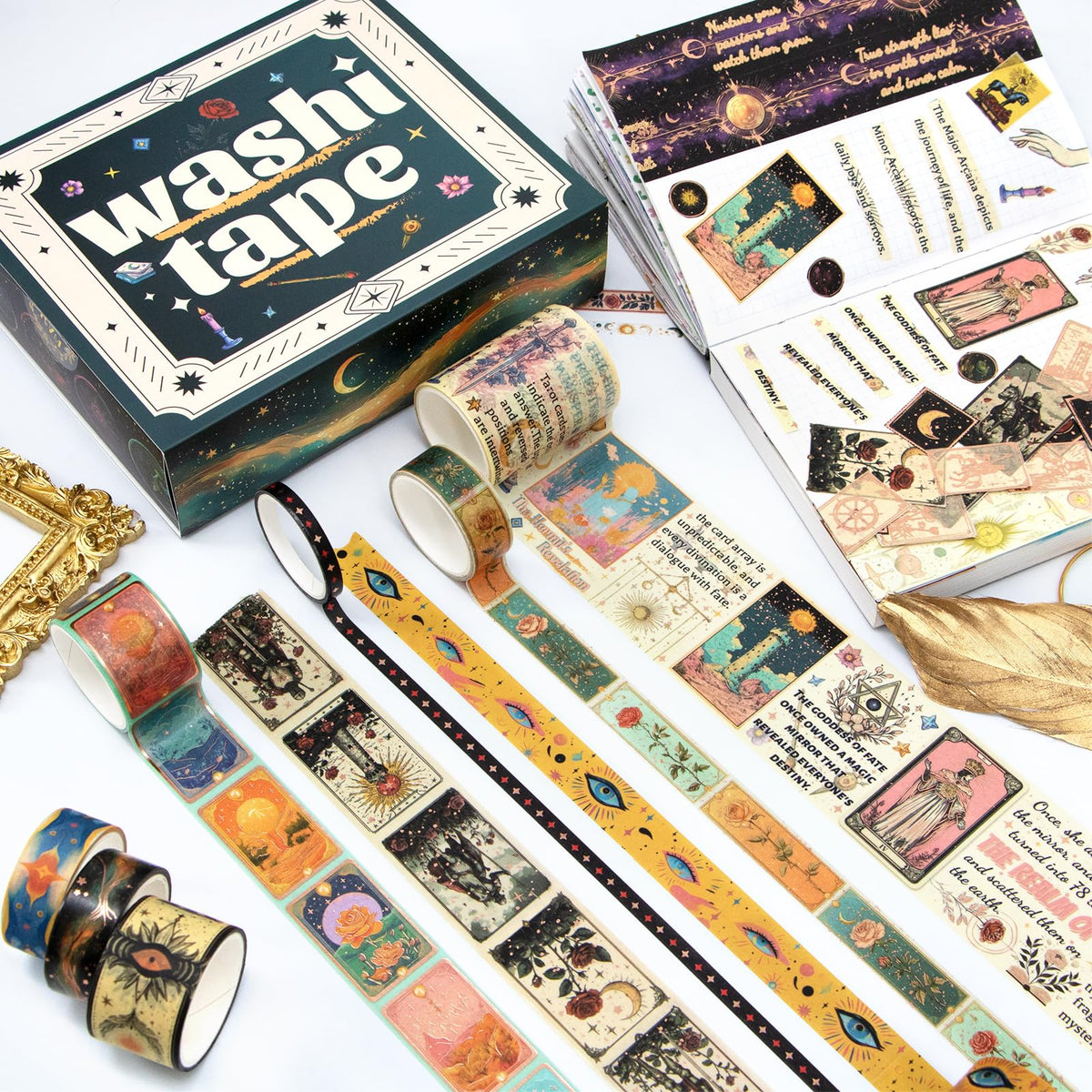Gold Foil Tarot Washi Tape Set, 23 Rolls Vintage Decorative Washi Tape with 14 Gold Foil Designs, Assorted Widths for Journaling, Scrapbooking, Bullet Journal, Planner, Card Making & DIY Crafts