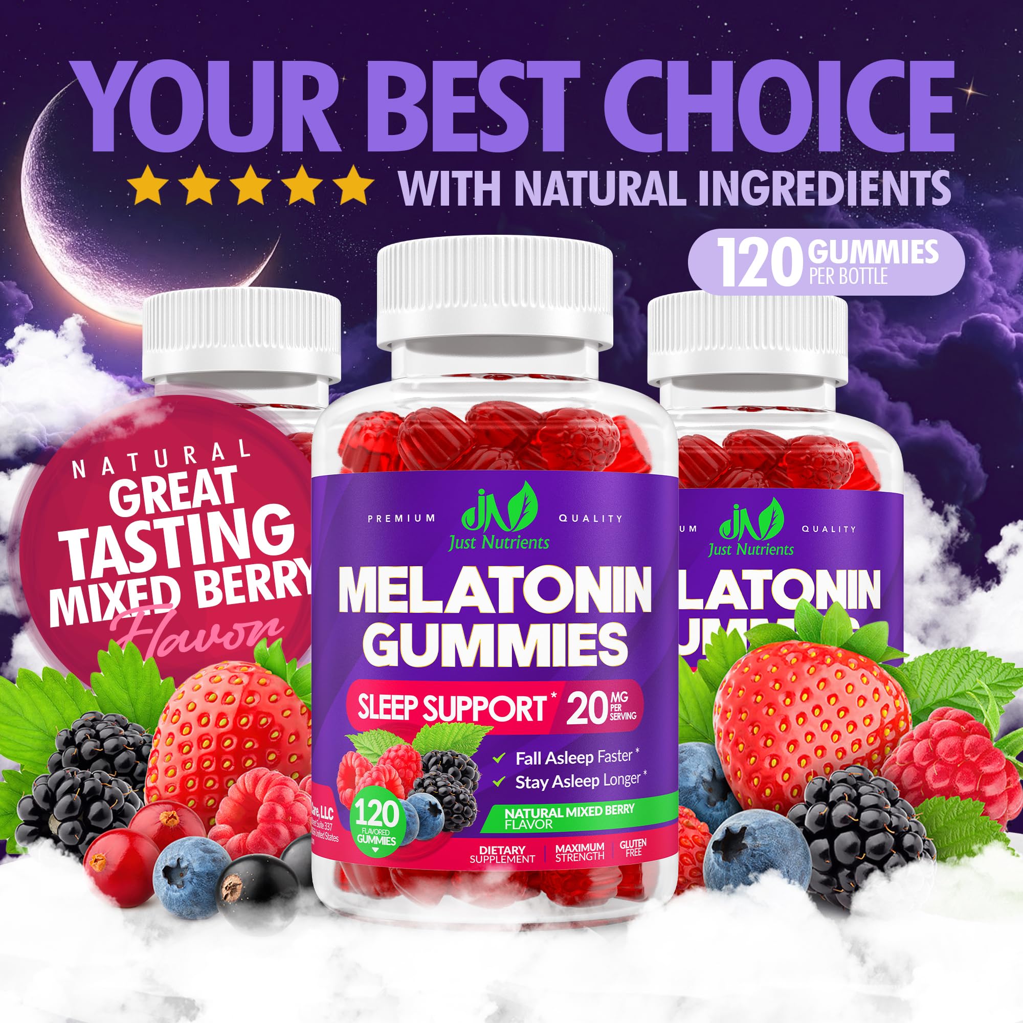Melatonin 20mg Gummies (120 Count) - Maximum Strength Sleep Support for Adults with 10mg of Melatonin Per Gummy - Gluten-Free, Vegetarian, Great Tasting Mixed Berry Flavor - 60 Servings
