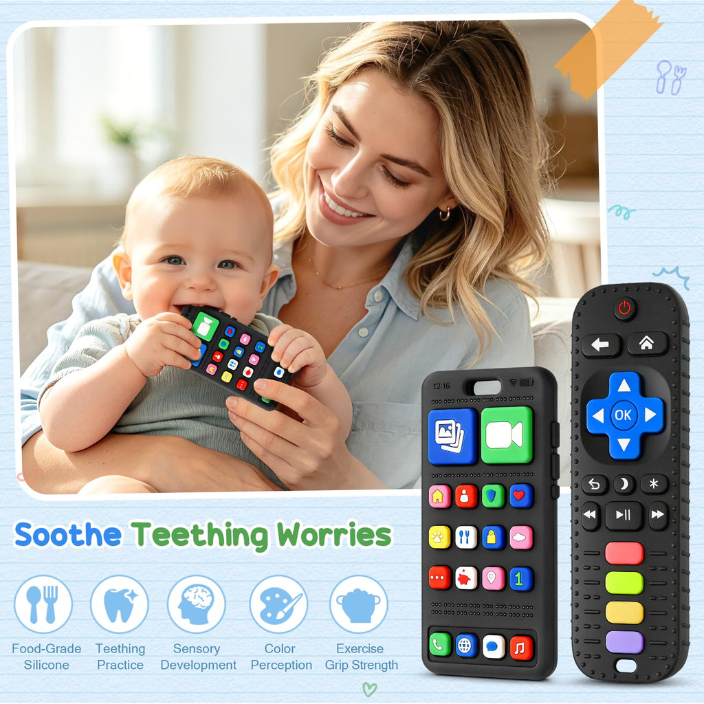 2 Pack Remote & Phone Teething Toys for 0-6 6-12 Months, BPA Free Silicone