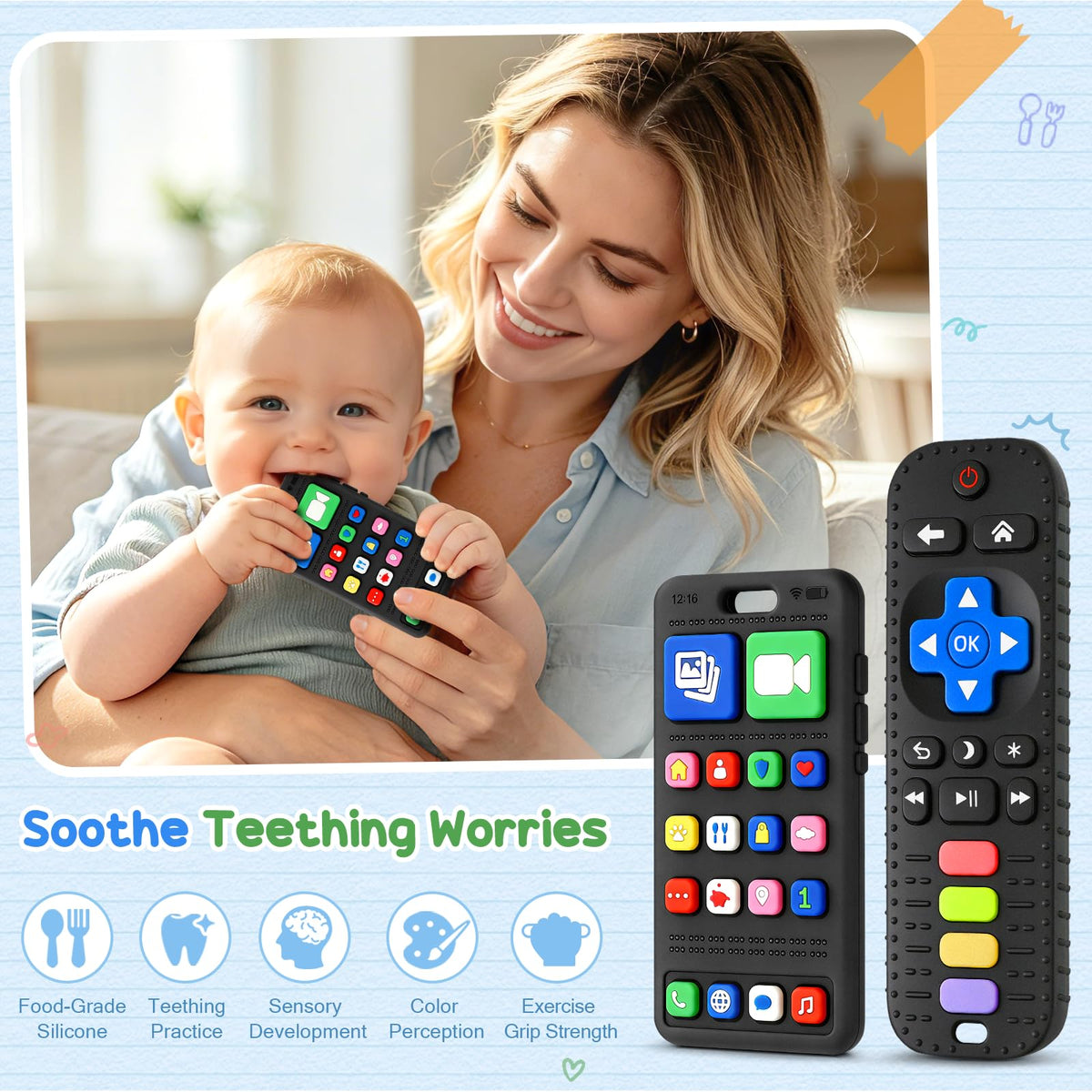 2 Pack Remote & Phone Teething Toys for 0-6 6-12 Months, BPA Free Silicone