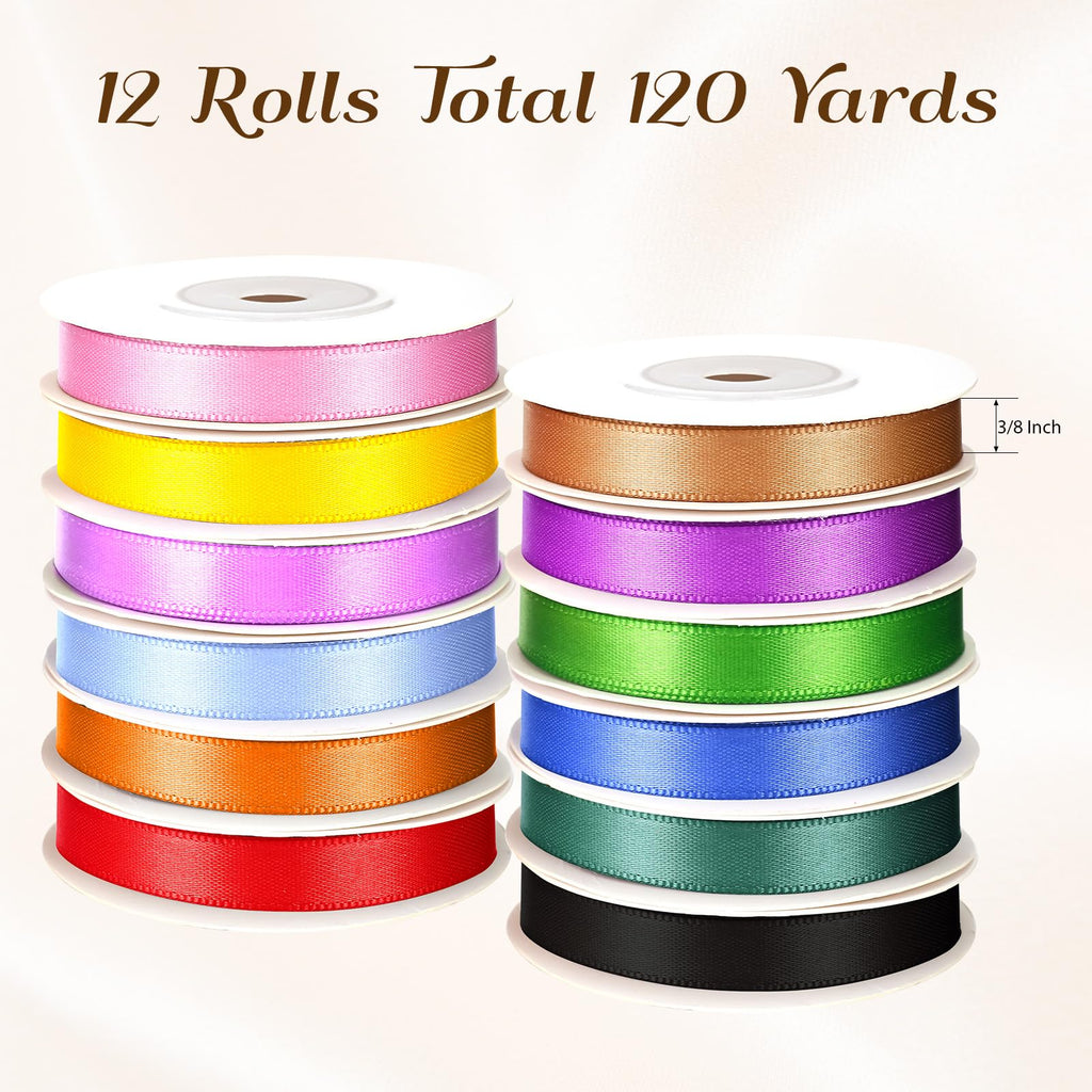 Rainbow Satin Ribbon 3/8 Inch x 12 Rolls (10 Yds/Roll, 120 Yds Total), Double Face Solid Color Set for Gift Wrapping, Hair Bows, Crafts, Sewing, Wedding, Party & Flower Bouquet Decorations