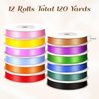 Rainbow Satin Ribbon 3/8 Inch x 12 Rolls (10 Yds/Roll, 120 Yds Total), Double Face Solid Color Set for Gift Wrapping, Hair Bows, Crafts, Sewing, Wedding, Party & Flower Bouquet Decorations