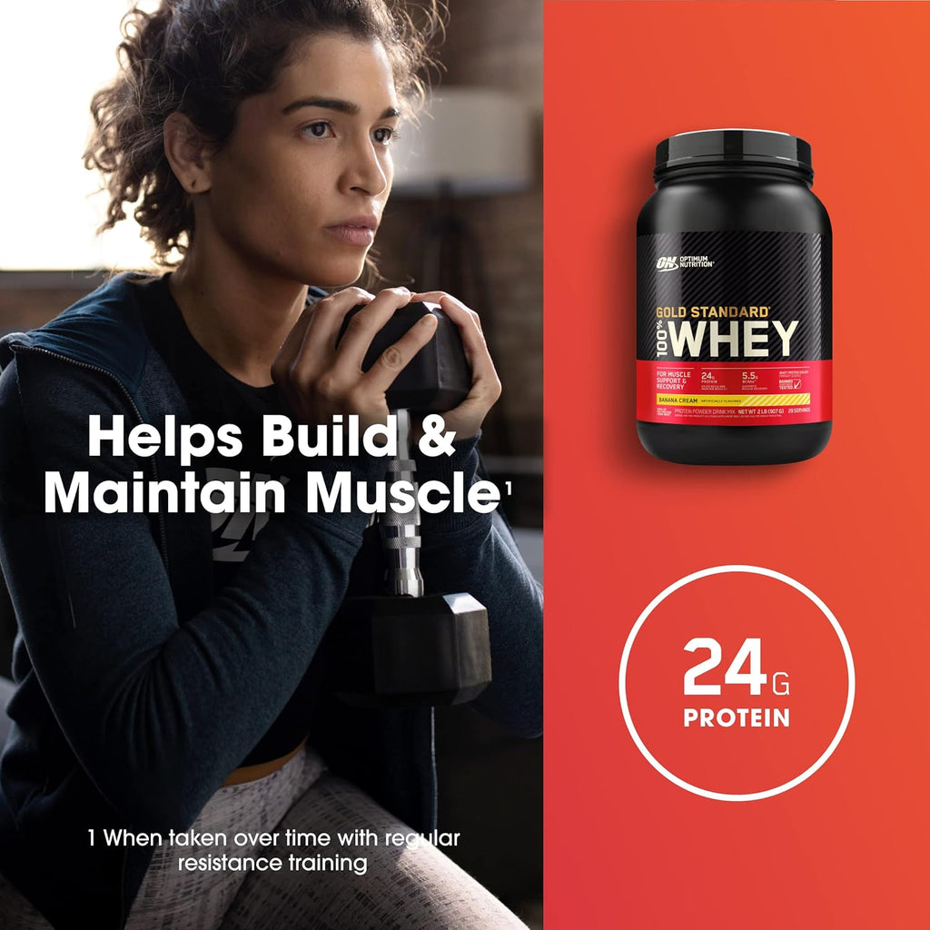 Buy now Optimum Nutrition Gold Standard 100% Whey Protein Powder, Banana Cream, 2 Pound (Packaging May Vary) at indiglob india