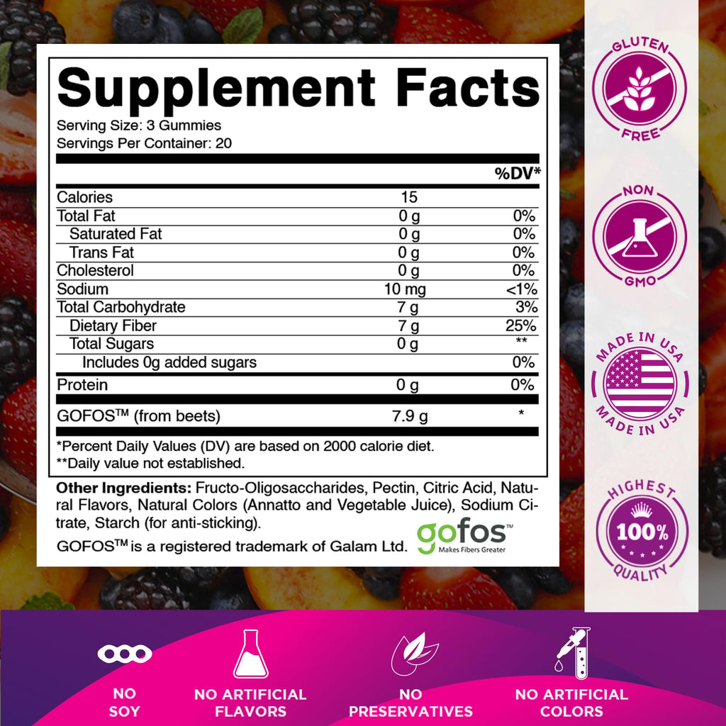 Vitamatic Prebiotic Fiber Gummies for Adults – 7g Fiber per Serving – 60 Pectin-Based Gummies Extra Strength, Zero Sugar Added – Supports Digestive Health & Regularity – Non-GMO, Vegan, Gluten-Free