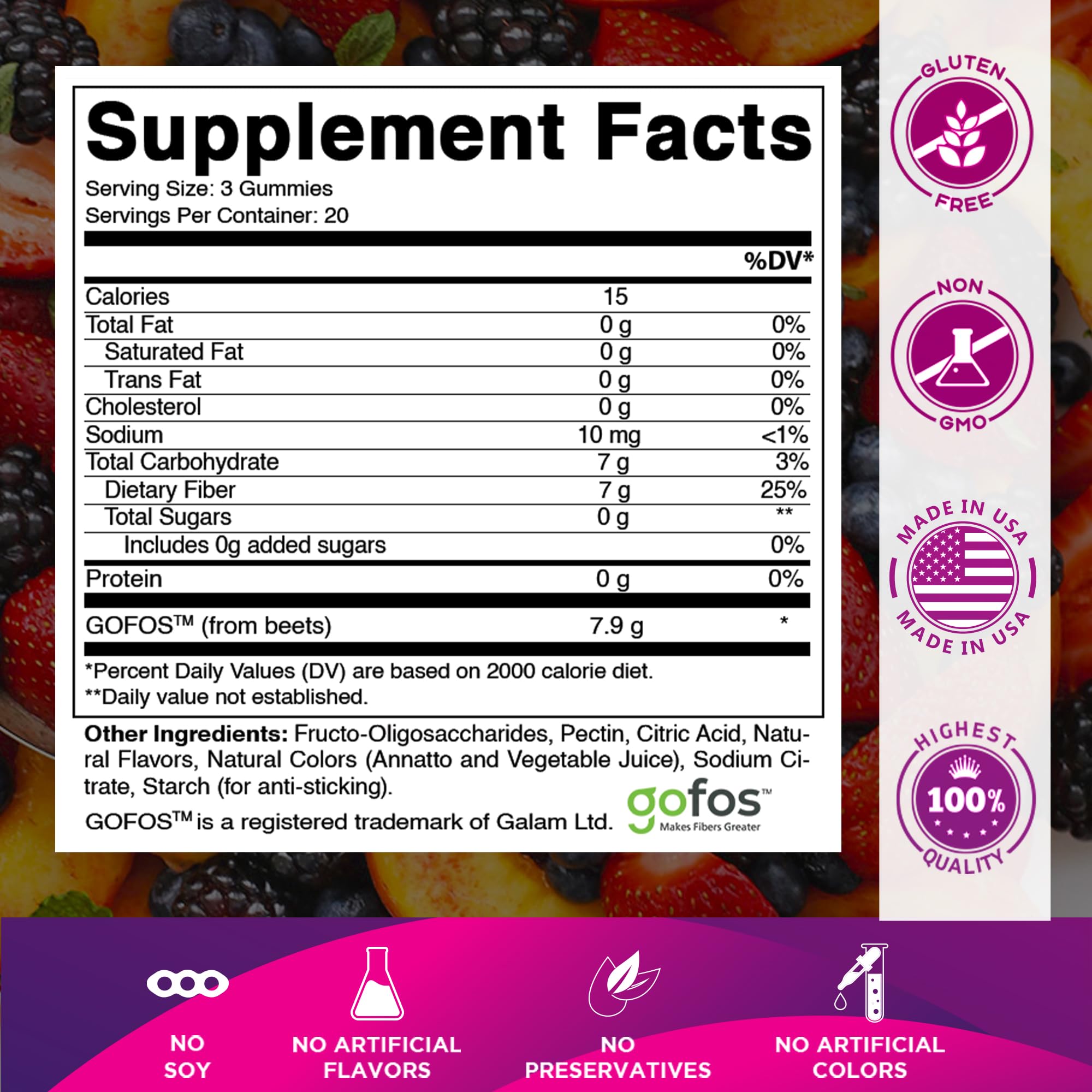Vitamatic Prebiotic Fiber Gummies for Adults – 7g Fiber per Serving – 60 Pectin-Based Gummies Extra Strength, Zero Sugar Added – Supports Digestive Health & Regularity – Non-GMO, Vegan, Gluten-Free