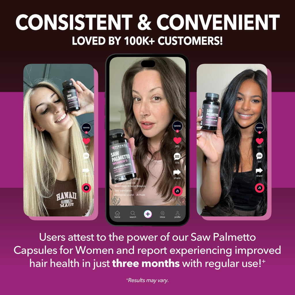 Saw Palmetto for Women with Bitoin 5000mcg Per Serving, 60-Day Supply | Vegan, Non-GMO DHT Blocker for Women for Hair, Skin and Nails, Saw Palmetto Extract with Biotin for Thicker Looking Hair