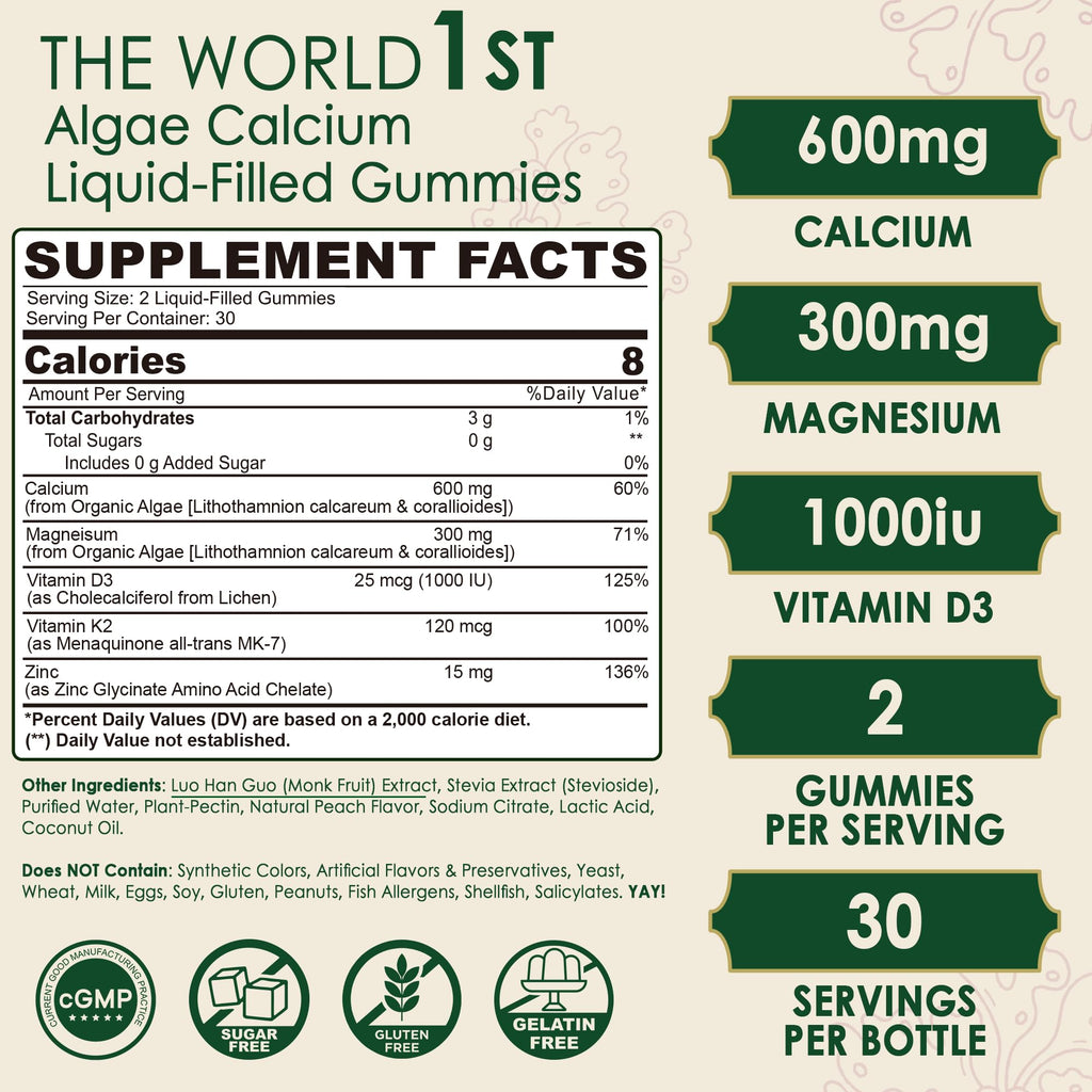 Plant Based Calcium Gummies 600mg with Vitamin D3 K2, Magnesium, Zinc for Bone Strength, Sugar Free Calcium Supplements for Women & Men (Certified Vegan) from Sustainably Organic Red Algae - 60 Counts