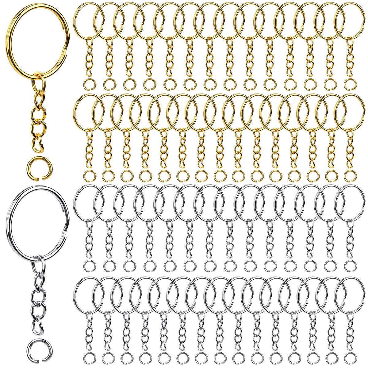 Teenitor 120 Pcs Key Chain Rings, Split Key Ring with Keychain Chain & Small Jump Ring, 60 Sets Key Chain Making Kit Metal Key Rings for Crafts, DIY Keychains, Silver & Gold
