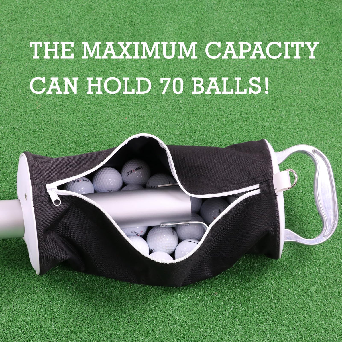 HOW TRUE Golf Ball Shag Bag with Aluminum Handle and Frame | Shag Bag for Golf Balls Golf Ball Retriever | Hold up to 70 Balls (Black)