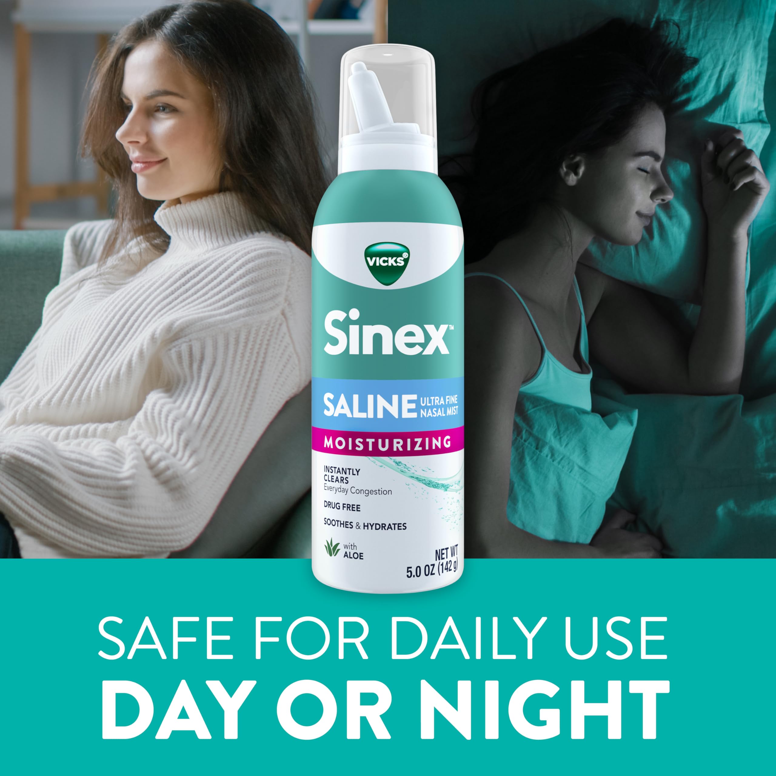 Buy now Vicks Sinex Saline Moisturizing Nasal Spray, with Aloe, Drug Free Ultra Fine Mist, Clear Everyday Sinus Congestion Fast, Clear Mucus from a Cold or Allergy, 5 OZ x 2 at indiglob india