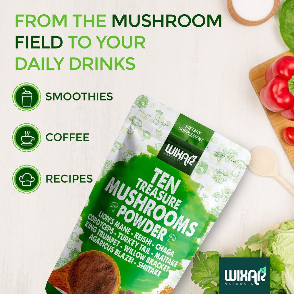 Wixar Mushroom Powder - Ten Treasure Mushrooms Extract Supplement 4oz