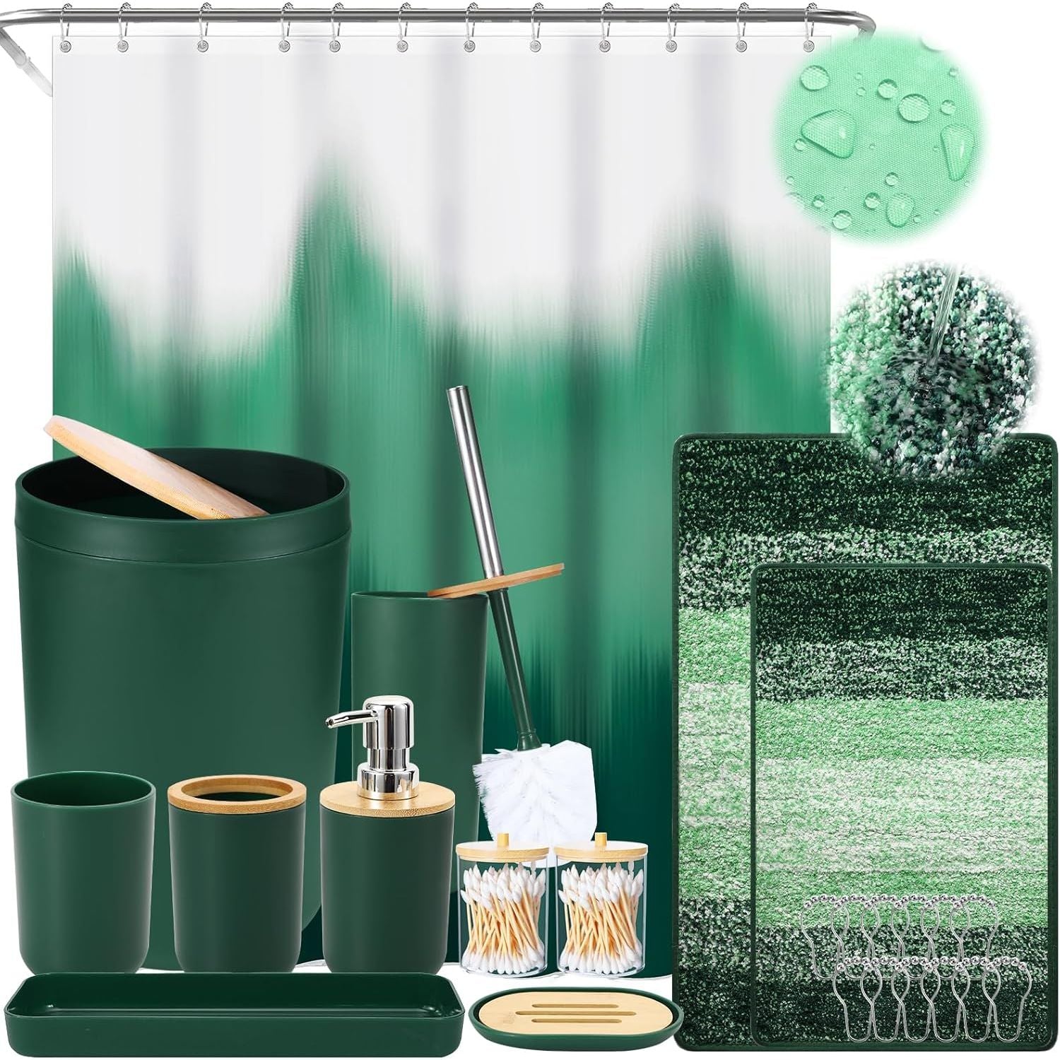 Buy now iMucci 9Pcs Black Bathroom Accessories Set with Trash Can Bathroom Set Black Bathroom Accessories Bathroom Decor Bath Set+Shower Curtain+Bath Rug Dark Green1 at indiglob india